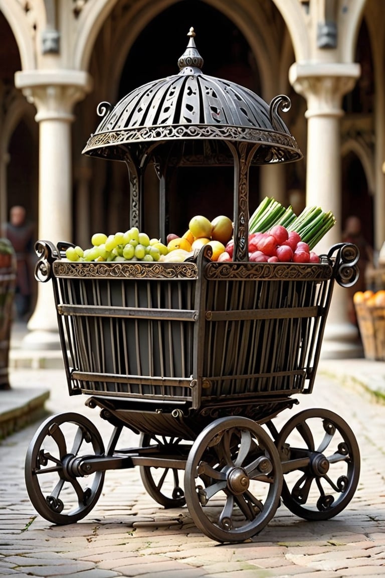 Shopping carts created by medieval European knights exude strength, durability, and elegance. Made of sturdy iron with intricate decorations reminiscent of medieval armor, these carts are built to withstand the rigors of the marketplace. The knight's attention to detail is evident throughout the cart's design, from the ornate scrollwork to the elaborately crafted handles.