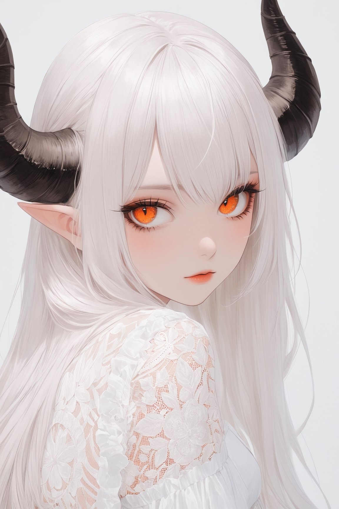 1 girl, albino demon girl, with lethargic sleepy smokey eyes,white eyelashes,((orange slit pupil eyes)),mesh fishnet blouse,pure White long dress, (long intricate horns:1.2) ,pink-emo