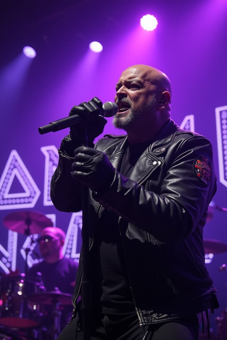 Paul Di'Anno, May 17, 1958 - October 21, 2024.
Intense close-up of bald metal vocalist, performing on stage with passionate expression,large body
, Skin head gleaming under dramatic purple stage lights, Wearing weathered black leather jacket with metal studs and patches, Grey beard adding to veteran metal performer appearance, Gripping microphone intensely with black leather gloves, Face showing raw emotion during powerful vocal performance, Purple and blue stage lighting creating dramatic shadows and highlights, Background features large "RIP IRON MAIDEN" text in classic metal font illuminated in white light, Visible drum kit and stage equipment silhouettes behind, Metal studs on jacket catching stage lights, Expression captures genuine emotional tribute performance, Lighting emphasizes sweat and intensity on performer's face, Stage atmosphere thick with fog and dramatic lighting effects, Overall composition captures raw energy of live metal performance,grungeartxhan83,