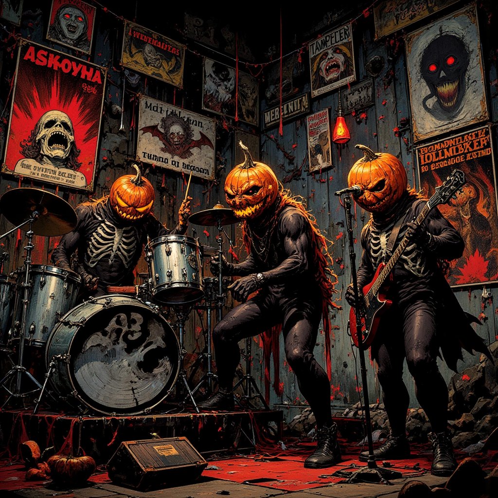 A dark horror-themed illustration of a four-piece band performing,
The musicians wear black bodysuits with a white skeleton print. The members' heads are replaced with carved jack-o'-lantern pumpkins that glow eerily from the inside,
The drummer is playing hard on a silver drum kit on a raised platform,
The guitarist plays an electric guitar and the bassist plays a vintage bass. The lead singer in the center leans on a microphone stand,
In the background, vintage horror movie posters are pasted on top of each other in a chaotic collage. The posters feature classic monsters, screaming faces and bold typography,
The messy posters,
Low-angle view, captures an intense performance in a dynamic pose,
The orange glow of the pumpkins contrasts with the dark shadows and muted poster colors. Occasional red accents are used for emphasis,
A grunge-esque textured art style with sharp, inky lines and rough shading. Halloween themed details: bats, spider webs in the corners, ,aidmaabdhr,