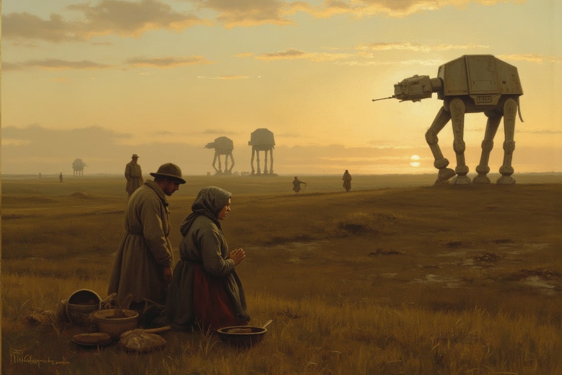 An oil painting in the style of Jean-François Millet's "L'Angelus." ,In the foreground, two peasants, a man and a woman, pray in a field at dusk. A muted, warm, golden sky. Rustic clothing, tools at their feet. Barren fields stretch to the horizon,

In the distance, three Star Wars AT-AT walkers stand, The mechanical shapes of the walkers contrast sharply with the pastoral landscape, but are painted in the same muted, earthy tones that are in keeping with Millet's style. The AT-ATs cast long shadows over the fields, enhancing the gloomy atmosphere of the painting,

Millet's brushwork and lighting are maintained. The soft, diffused light of the sunset, the rich texture of the clothing and the fields. The AT-ATs are painted with the same painting technique, and their hard edges are softened to fit the atmosphere of the original work,

Overall effect: A surreal mix of 19th century French realism and science fiction creates unsettling yet visually cohesive images. Peaceful rural landscapes are saturated with an atmosphere of impending doom from the oncoming war machine.,Medievalx