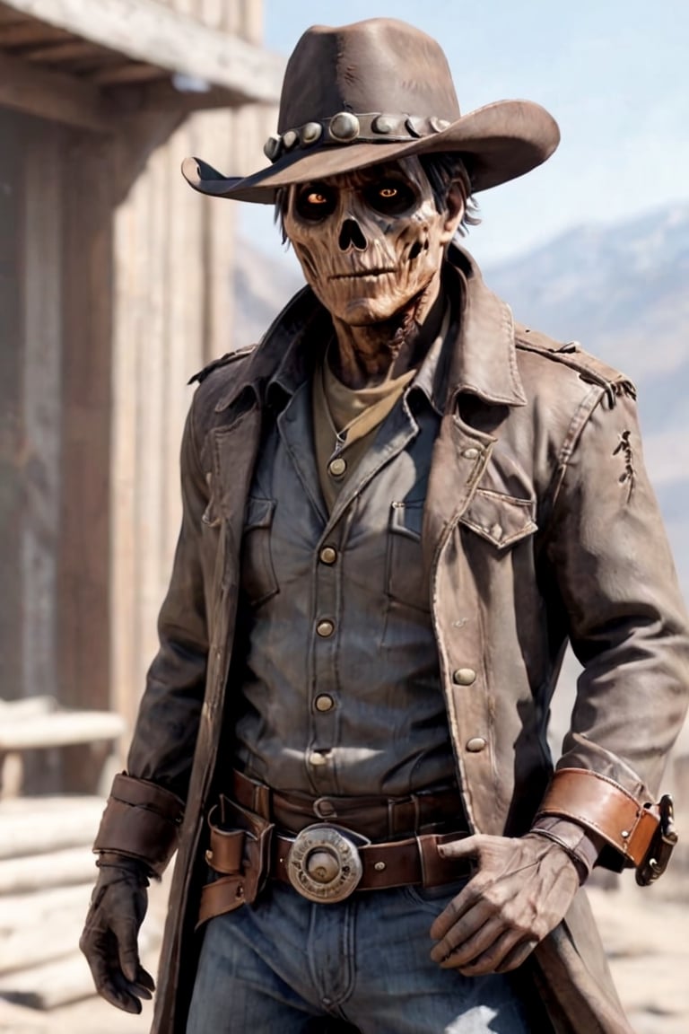 ultra-realistic,absurd resolution,8K,fallout,ghoul,solo,ghoul cowboy,sharp eyes,hardboiled atmosphere,((Bandolier:1.5)),((Ammunition belt:1.2)),brown cowboy hat,((Ragged sooty brown Western Coat)),
tattered coat,blurred background,abmhandsomeguy