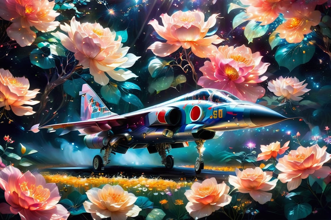 sleek jet fighter, enveloped by a field of beautiful flowers, stands as a striking juxtaposition of power and elegance. Amidst the vibrant petals, the metallic fuselage of the aircraft gleams, contrasting sharply with the natural surroundings. The flowers, delicate and colorful, seem to embrace the fighter, softening its imposing presence with their beauty,Mitsubishi T2,glitter