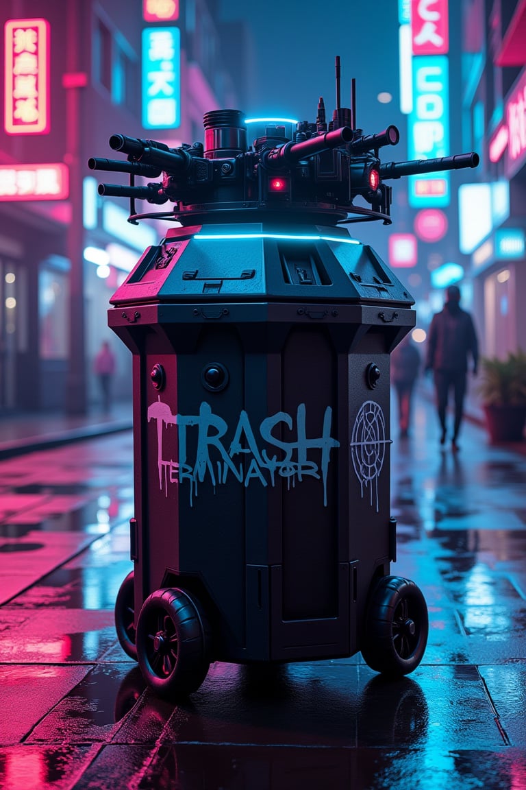 Neon-lit streets, cyberpunk style, and weaponized trash cans. The shiny matte black hexagonal body has a blue glowing power line, the top half transforms into a rotating turret,

Multiple gun barrels, from miniguns to plasma cannons, emerge from the lid, and a holographic targeting system hovers above.
Wheels with omnidirectional hover technology, small antenna array,
Graffiti-style "TRASH TERMINATOR" letters on the side,
Highly detailed techno-noir style. Grainy textures highlight menacing silhouettes against dramatic lighting, neon-soaked backgrounds. , cyberpunk, trashv1,cyberpunk,trashv1