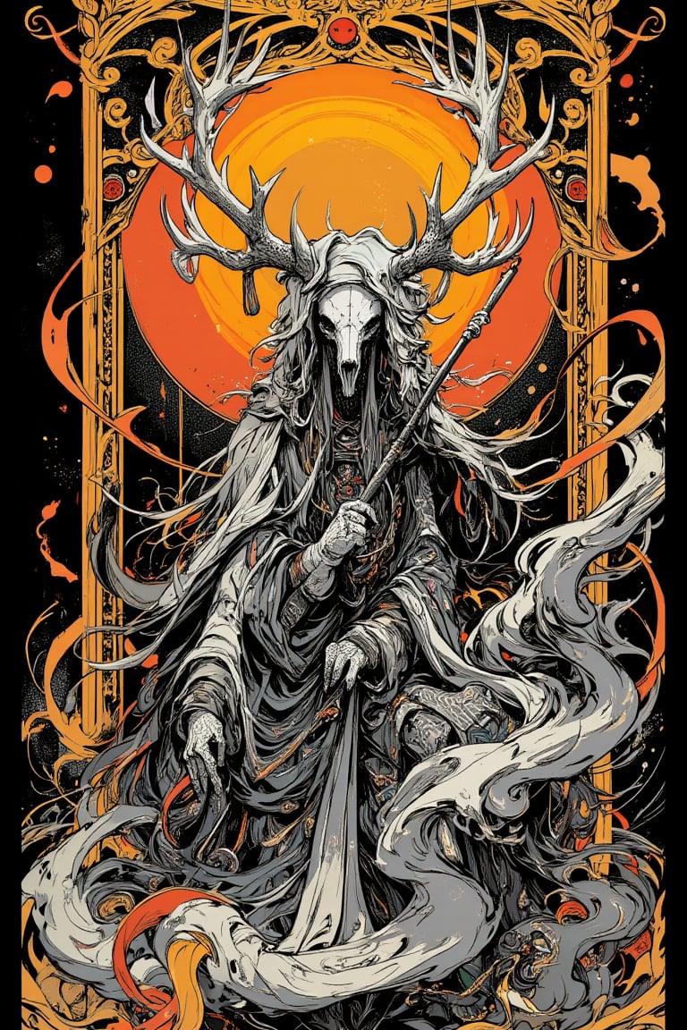 A detailed, black and white illustration of a mystical shaman figure with deer skull headdress. The figure is seated, holding a staff, surrounded by intricate, swirling patterns and nature elements. Long, flowing hair and a beard blend with feathers and fur. The shaman wears elaborate tribal clothing with detailed patterns. A golden Art Nouveau style frame surrounds the central image, with organic, curving lines. Behind the figure is a glowing orange-yellow circular backdrop, creating a halo effect. The overall style is highly detailed pen and ink drawing with stippling and fine linework. Dark background with high contrast. Themes of nature, mysticism, and tribal spirituality are prominent. Hyper-detailed, 8K resolution, ornate illustration style