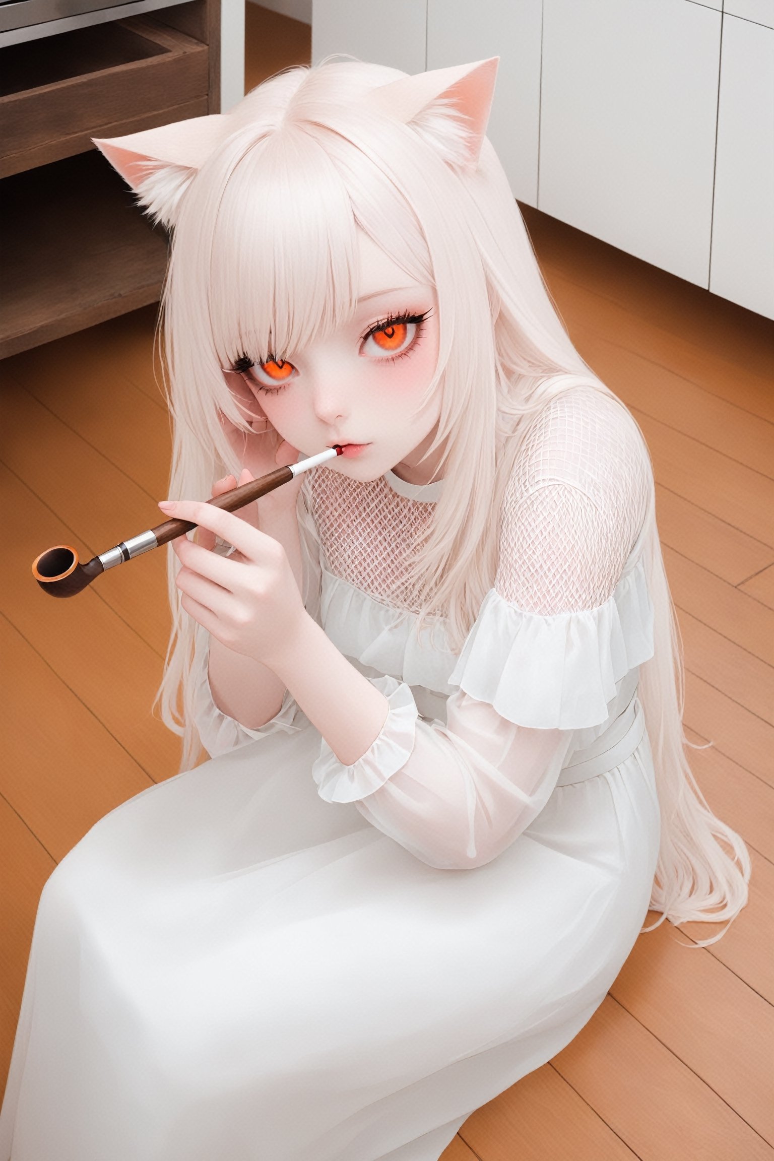 1 girl, albino cat girl,cat ear, with lethargic sleepy smokey eyes,white eyelashes,((orange slit pupil eyes)),mesh fishnet blouse,pure White long dress, ,pink-emo,catgirl,smoking a delicious tobacco pipe, wooden floor,JPkitchen,