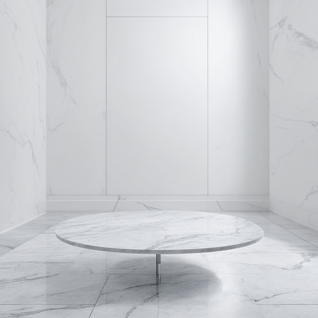 Ethereal liminal space: pristine white marble room. Seamless walls,  floor,  and ceiling of polished Carrara marble with s...