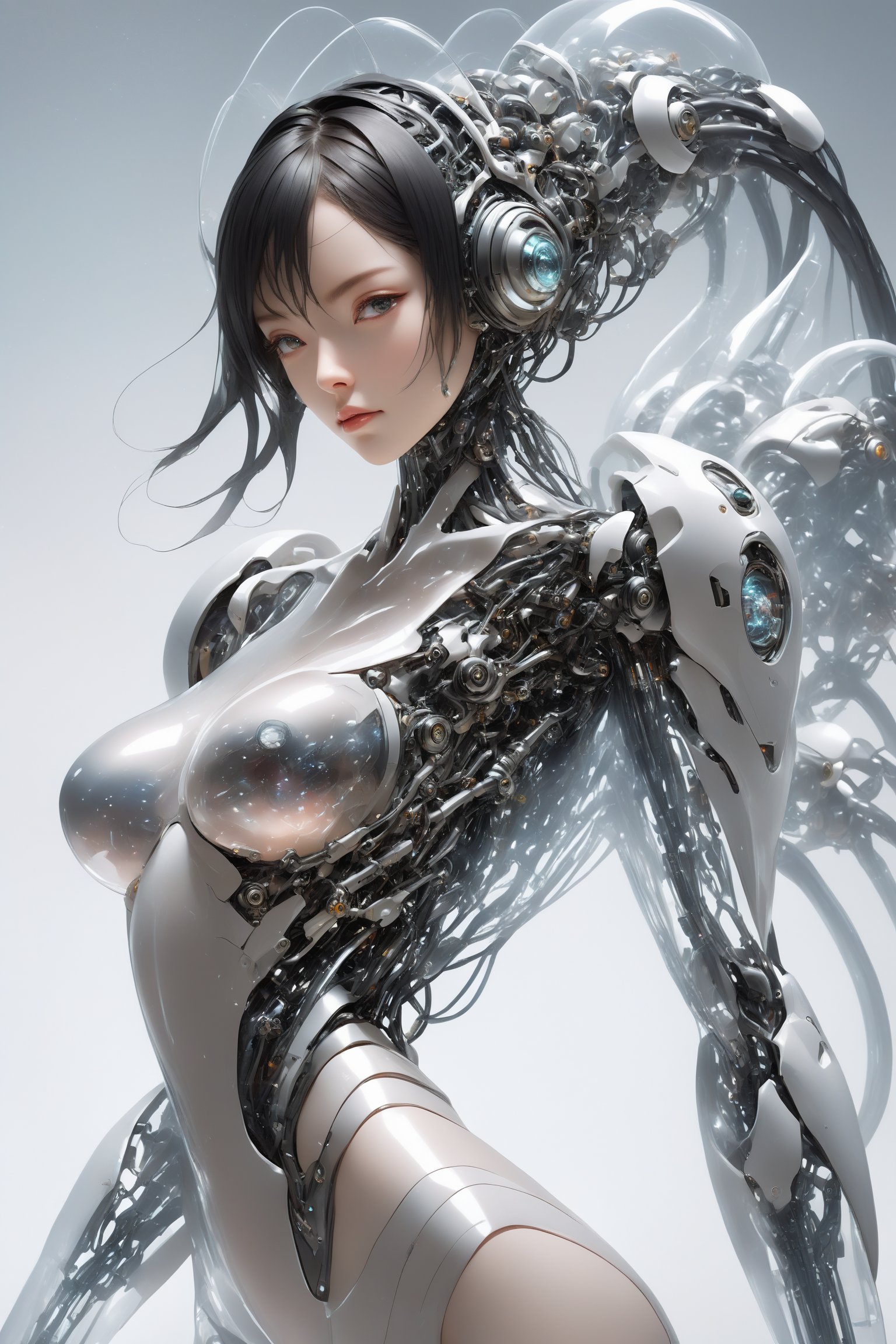 robot Girl,human girl face,Giant  arm, adorned with (transparent body parts), revealing the intricate machinery inside, giant robotic weapon, smooth and angular design despite transparent parts, pulsating energy and intricate circuitry visible through transparent body parts.,robot, mechanical arms,Glass Elements,Anime girl,YuukiTeitoStyle