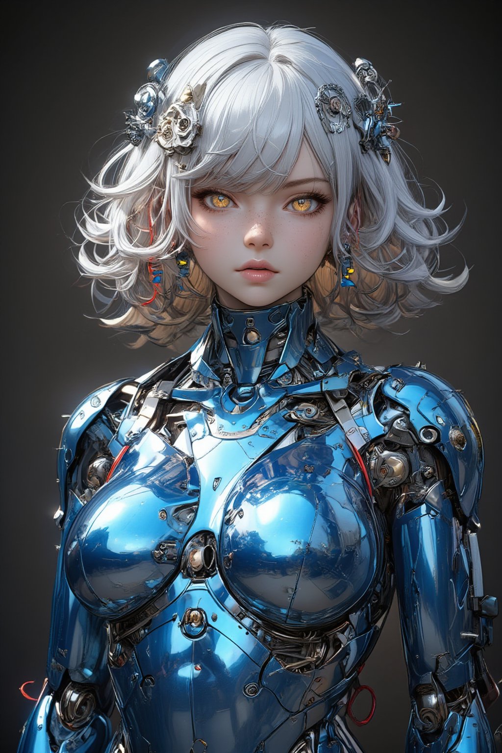 Female cyborg,full body figure,highly polished blue metallic body reflecting light like a mirror surface, Face crafted from pure white alabaster resembling a gothic porcelain doll with delicate features, Large luminous eyes with intricate mechanical iris patterns, Ornate gothic hair ornaments made of alabaster and silver filigree with small mechanical details, Long flowing synthetic hair styled in elegant victorian curls, Multiple vivid cables extending from neck area in bright red yellow and white creating a dramatic contrast against blue body, Cables have a glossy plastic finish and gentle curves like ribbon streamers,Body constructed of smooth curved panels with visible joint sections, Mirror-finish blue metal reflecting environment creating complex light patterns, Mechanical parts visible at joint areas with precise technical details, Graceful feminine proportions with elegant posture, Doll-like hands with visible mechanical articulation at fingers, Gothic-inspired design elements integrated into mechanical parts, Subtle LED lighting effects in eyes and joint areas, Expression serene and doll-like yet hints at artificial intelligence, Contrast between cold mechanical body and delicate porcelain features, Interior mechanical parts glimpsed through strategic transparent panels, Metallic surface transitions seamlessly to porcelain features at neck area,PorcelainDollPrincess,\mechako\