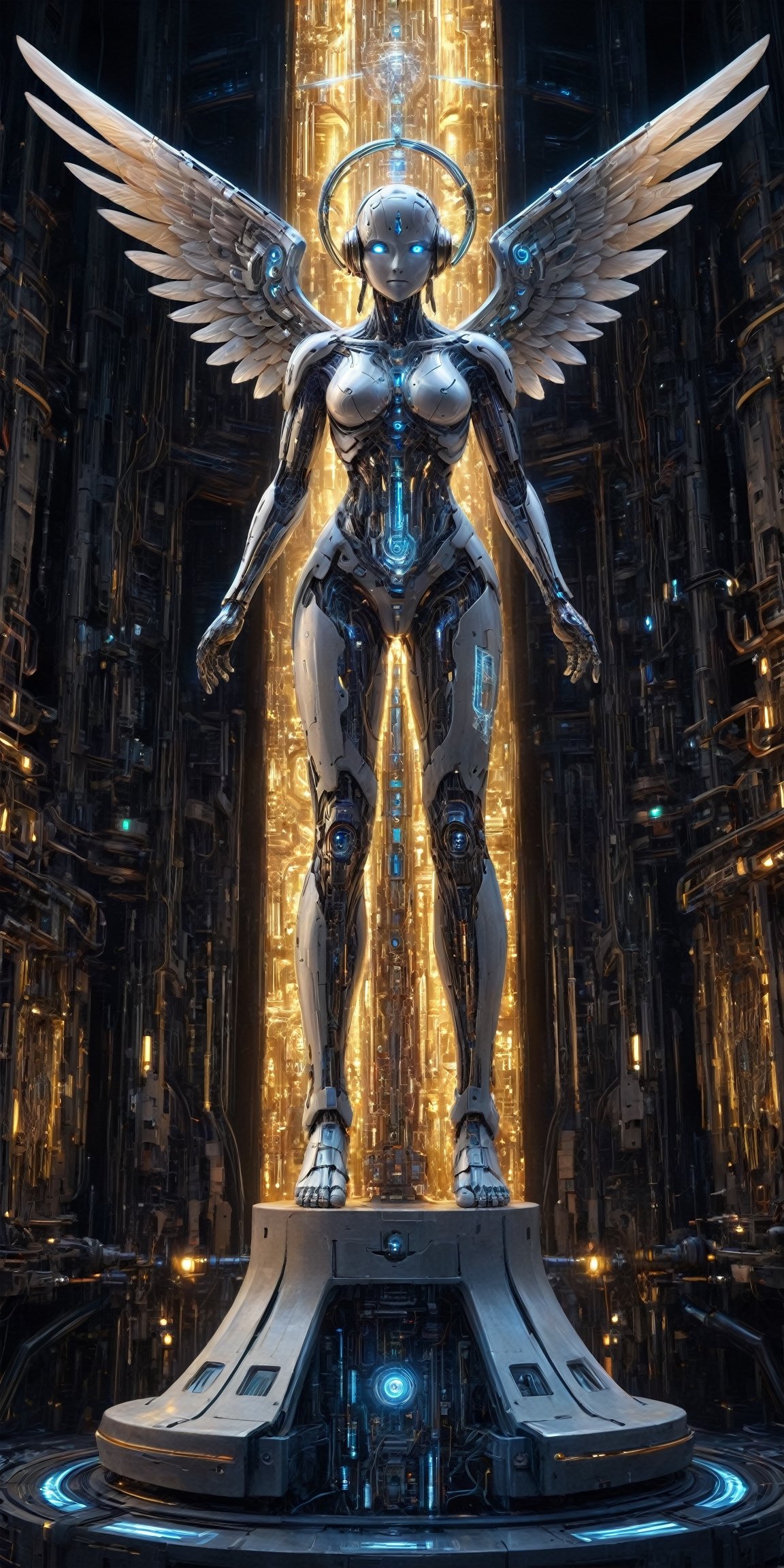 A cybernetic angel statue, with wings made of circuit boards and machine parts, emitting a soft, ethereal glow. Its metal and flesh body blends technology with divine grace, symbolizing harmony between the digital and spiritual realms. The statue stands on a marble pedestal, emanating a gentle light, offering a glimpse into a futuristic world of technological spirituality.,Energy light particle mecha,DonMSt34mPXL,DonMC1rcu17Pl4nXL