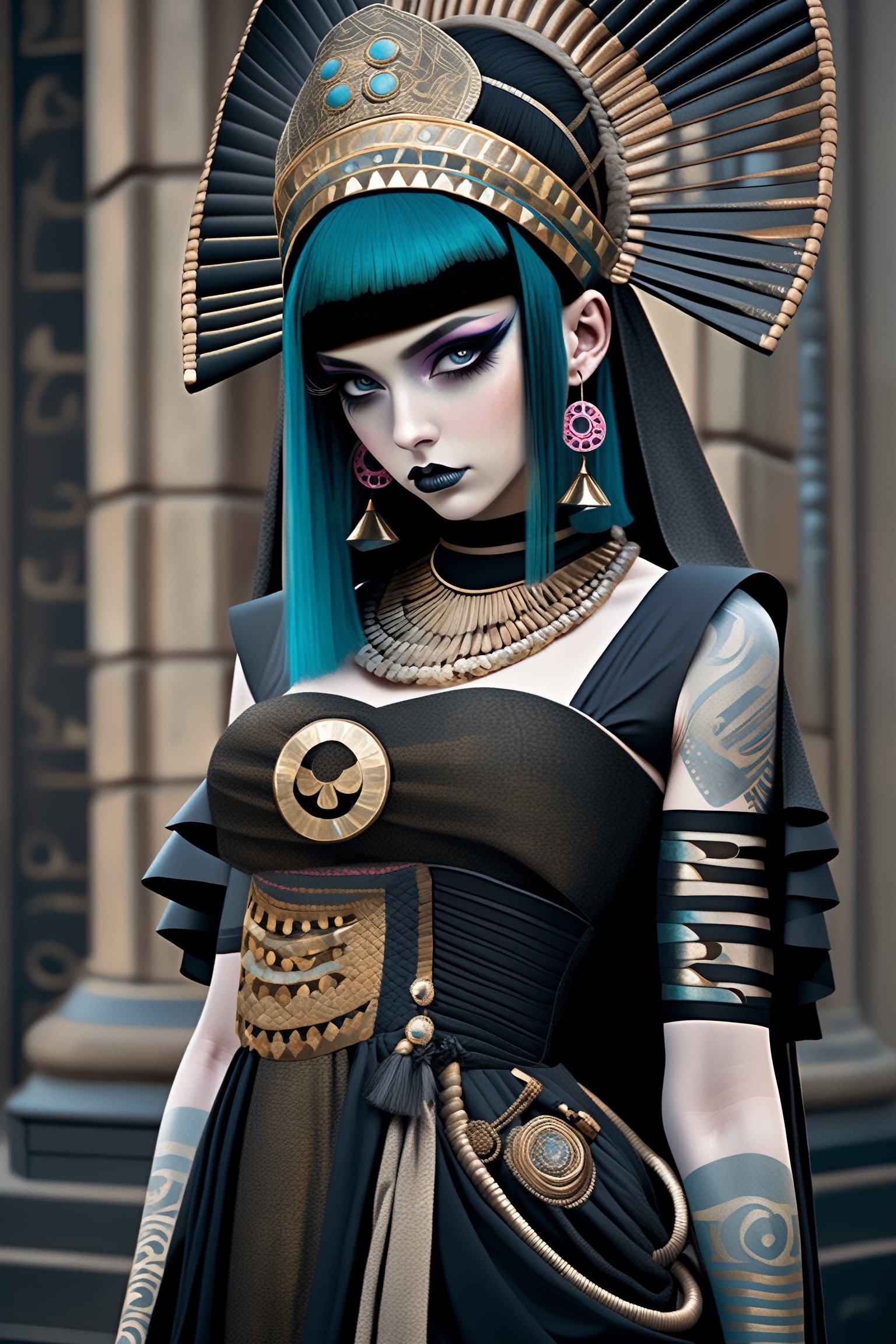 Cleopatra in a fusion of Japanese-inspired Gothic punk fashion, elegance ancient Egypt edgy elements of Gothic punk,Envision Cleopatra adorned in a kimono-inspired gown with Gothic accessories, incorporating traditional Japanese motifs and punk-inspired details,Emphasize the unique synthesis of styles, capturing the regal allure of Cleopatra with a contemporary and rebellious twist,goth person,pastel goth