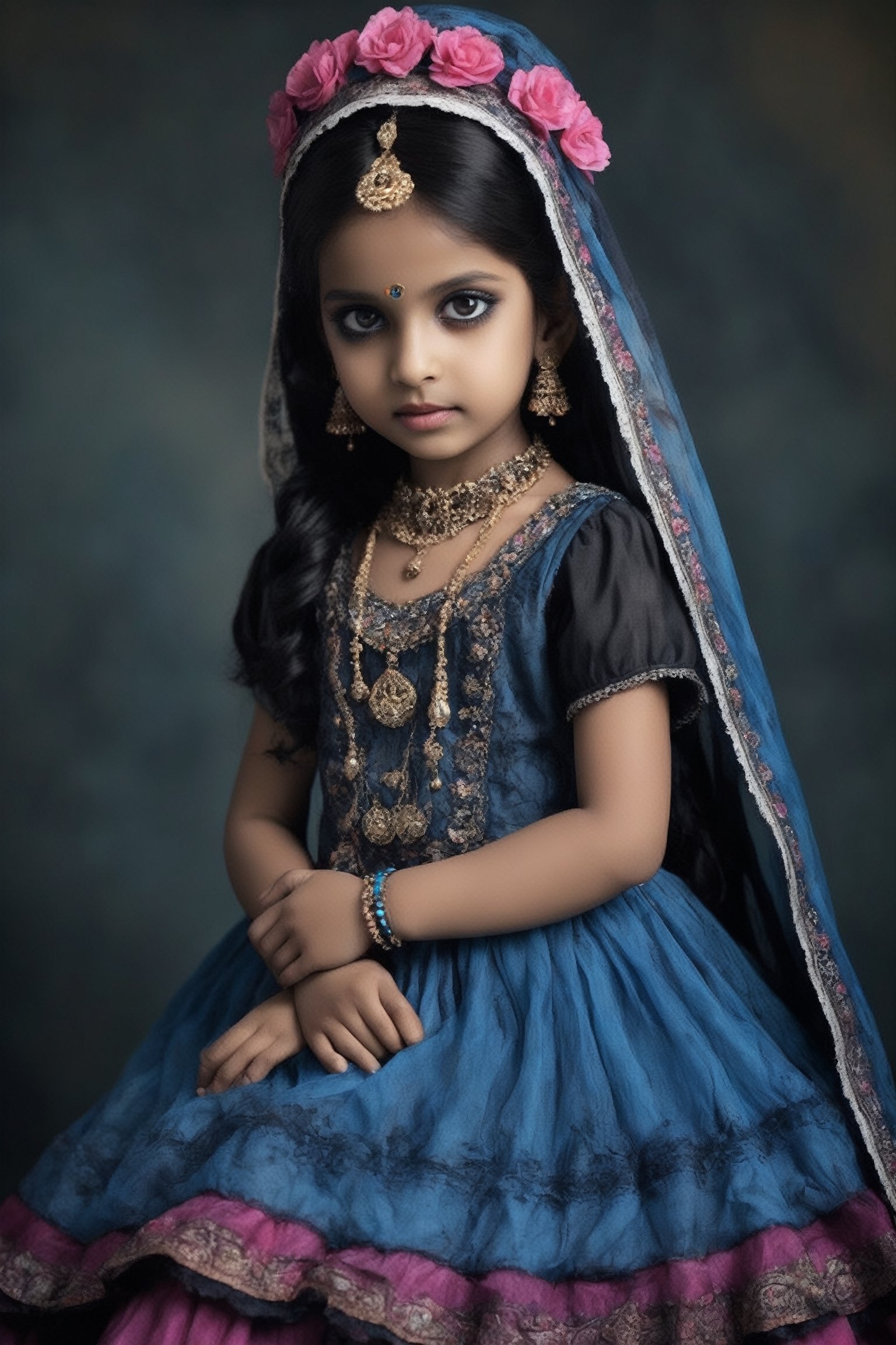 1girl,  Blue painted skin,  Gothic Lolita-inspired Indian ethnic attire by maehara on Tensor.Art