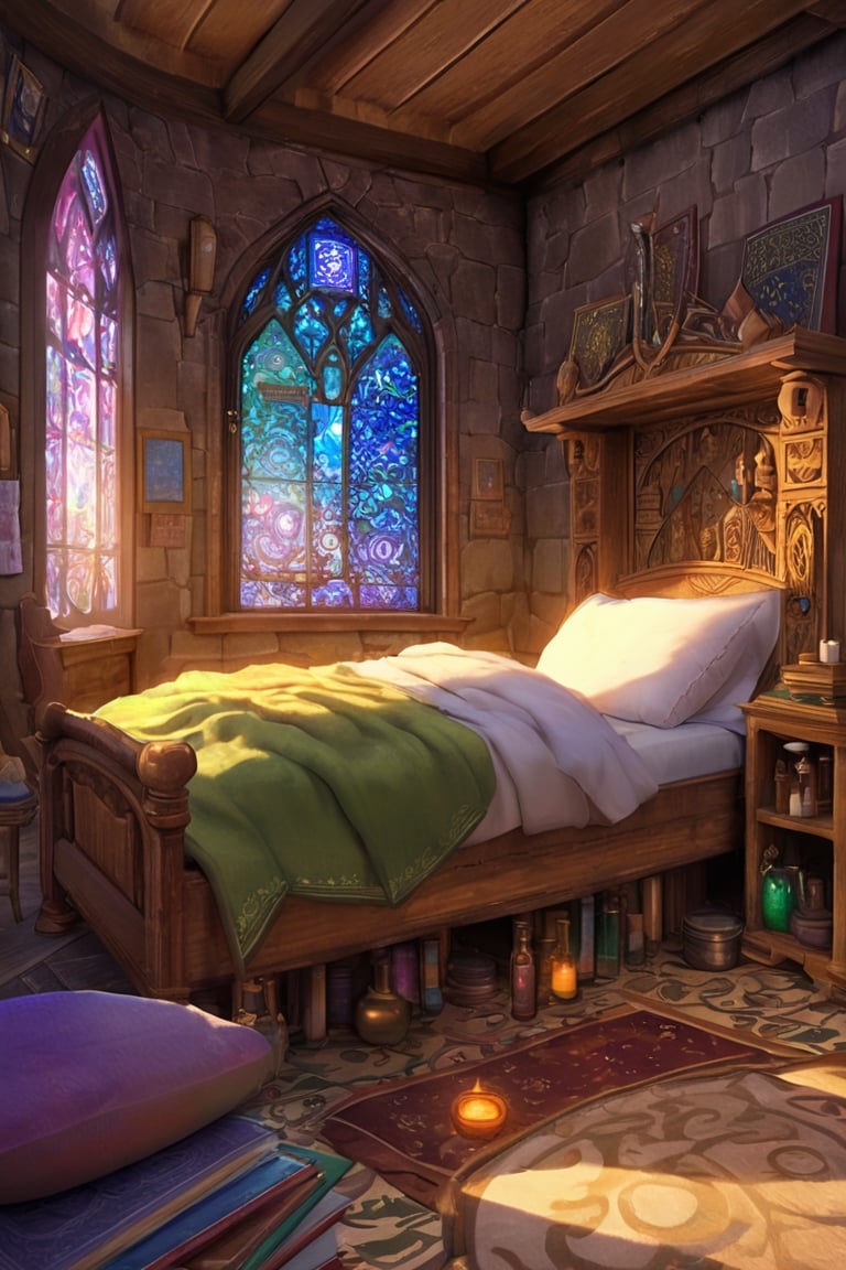 In a fantasy-style hospital room,  magic and practicality blend seamlessly. Intricate tapestries depicting mythical creatu...