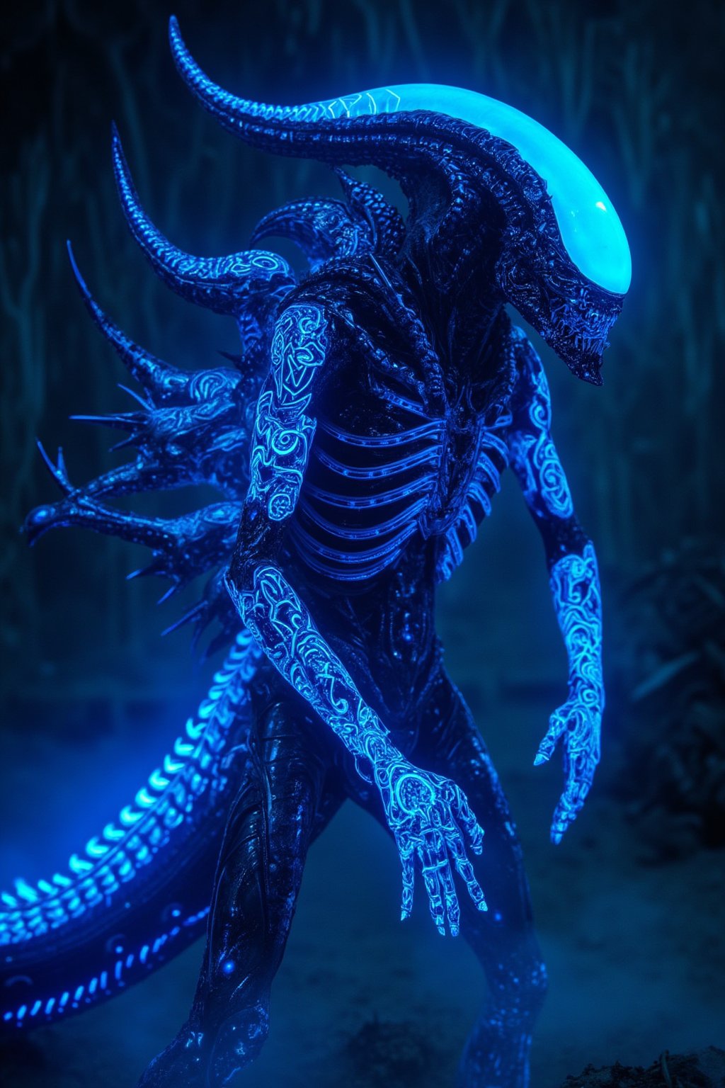 A menacing Alien Xenomorph with its entire body covered in intricate,  exotic tattoos. The tattoos glow bright blue under...