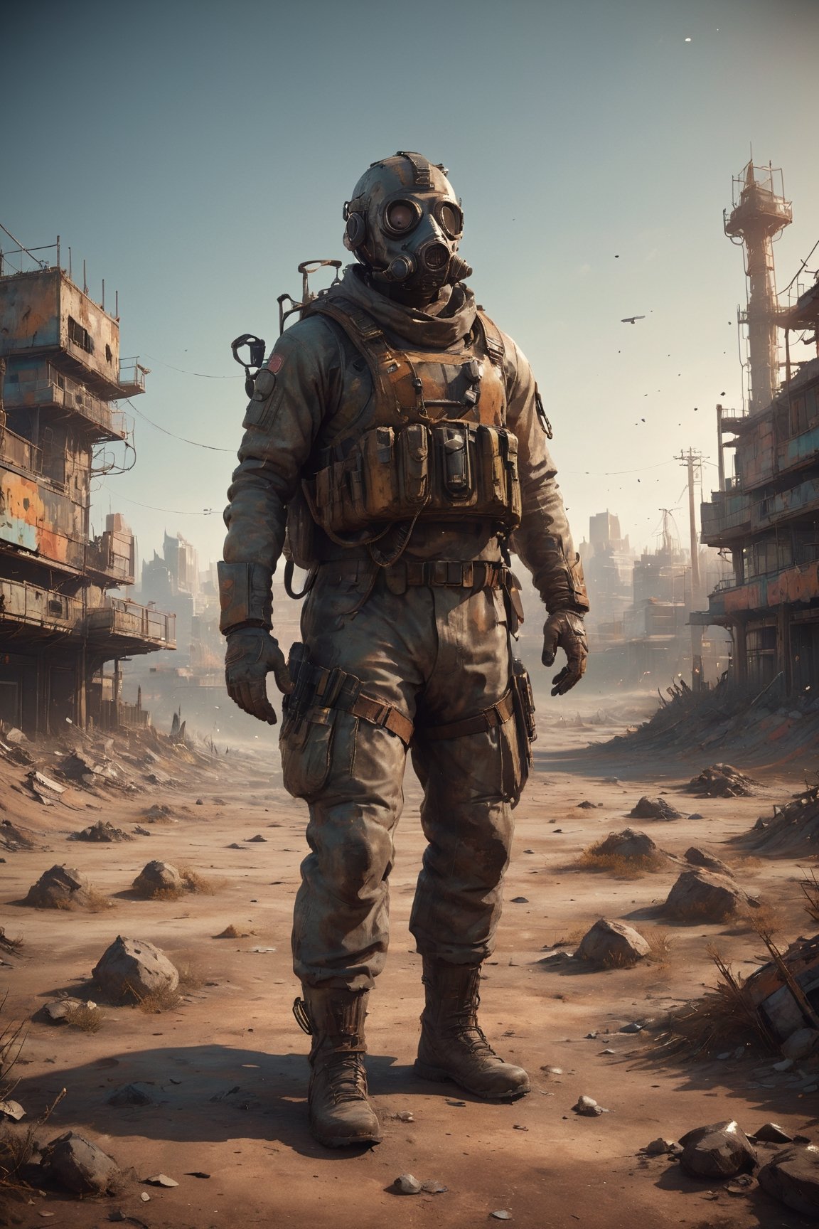 Imagine a post-apocalyptic world where a middle-aged man, clad in military gear and wearing a gas mask, stands solemnly amidst the desolation of a ruined city. The landscape is bleak, with dilapidated buildings, crumbling infrastructure, and a sky tainted by remnants of catastrophe.

The man's attire, equipped with protective layers and a gas mask, reflects the harsh reality of the environment. The subdued color palette emphasizes the somber mood, with muted tones contributing to the overall sense of desolation.

This composition captures the essence of a post-apocalyptic scene, portraying resilience and solitude in the face of a world forever altered by disaster.,Comic Book-Style,stalker,dual pistols