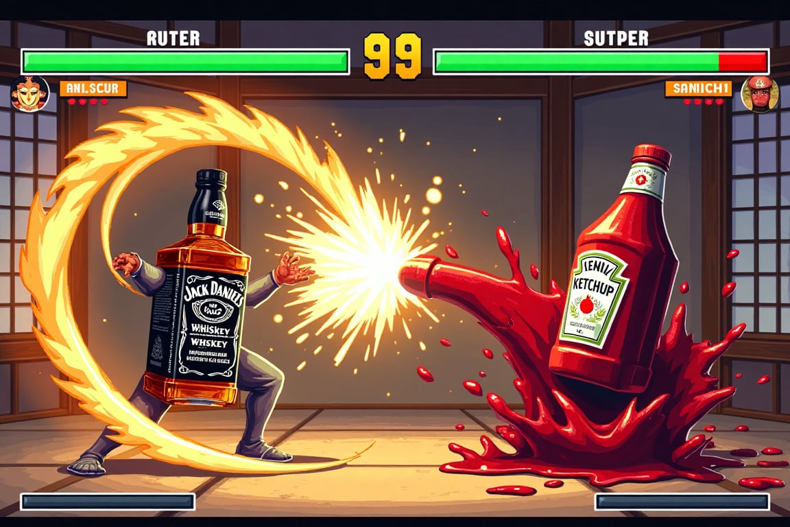 A pixel art style fighting game screen layout, dramatic special attack scene. Jack Daniel's whiskey bottle on left unleashing a powerful special move, spraying golden-brown whiskey in a spiraling stream with dynamic lighting effects, motion blur, and pixel art energy particles. Heinz ketchup bottle on right taking damage, tilted backwards, with red ketchup splashing out dramatically, creating pixel art splatter effects. HUD elements: green health bars at top (right health bar depleting), yellow super meter bars, center timer showing "99". Set in a traditional Japanese room: tatami mats, shoji screens, wooden beams. Dynamic lighting effects: whiskey spray glowing with golden energy, ketchup splatter with impact effects. Background elements showing combat impact: rustling paper screens, flickering lantern lights, dramatic shadows. Pixel art visual effects: speed lines, impact sparks, liquid splash particles. High-quality pixel art style similar to SNK fighting games, with detailed liquid physics and splash animations. Both bottles maintaining realistic product appearance and label details. Dramatic camera angle slightly tilted, emphasizing the special attack's power. Light reflections on both bottles' glass surfaces, detailed liquid physics simulation in pixel art style.