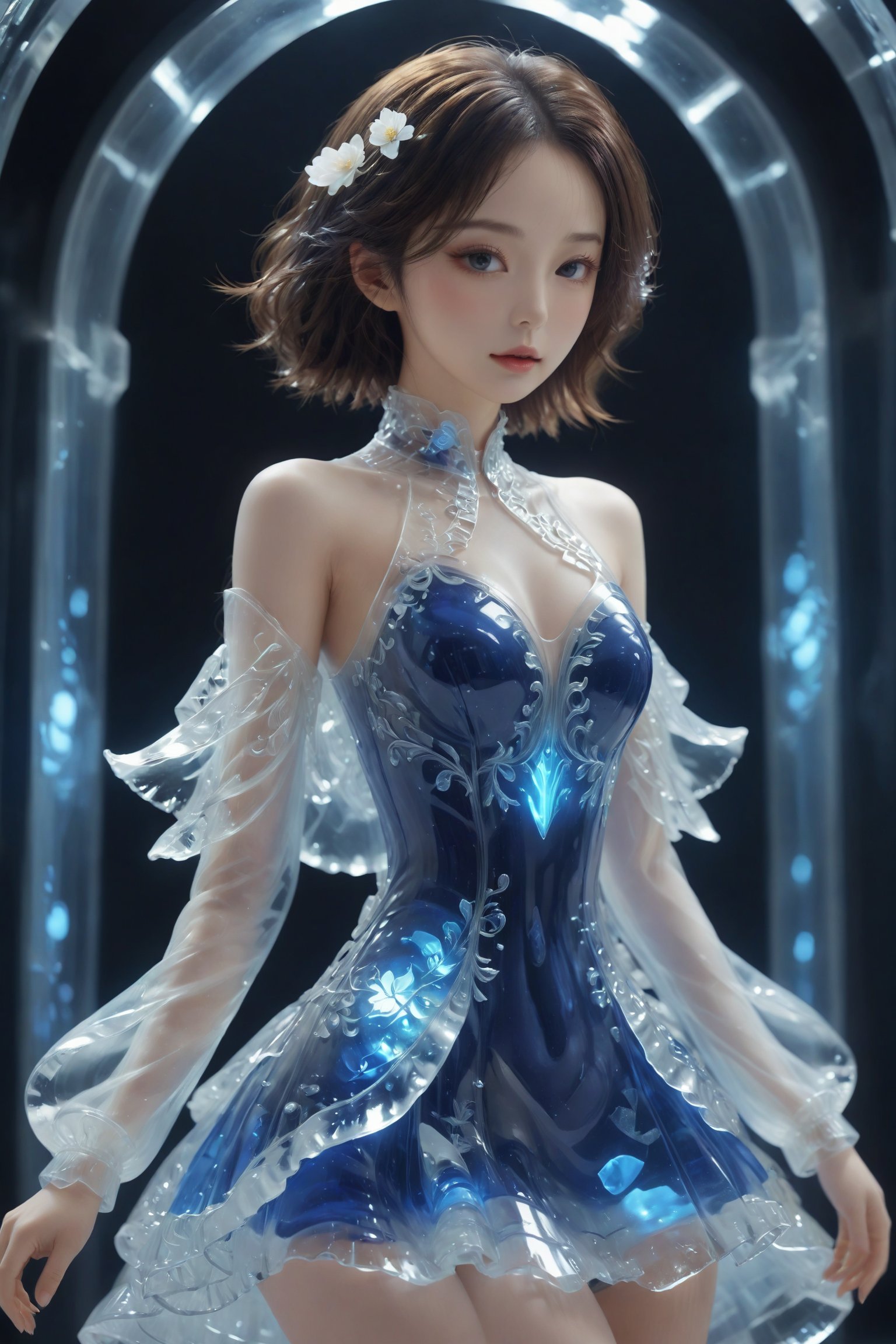 1Girl,anime style,dressed in a cyberpunk-inspired sexy Rococo dress,allowing for lifelike poses,perfect Body figure,large Breasts, Her dress merges the ornate elegance of Rococo with futuristic cyber elements. The fabric is a mix of rich silks and metallic materials, adorned with elaborate lace and digital patterns that glow subtly. The bodice is detailed with delicate ruffles and cybernetic embellishments, while the skirt flares out in layers, combining traditional Rococo volume with sleek, figurine,MasterF,Ice Dress