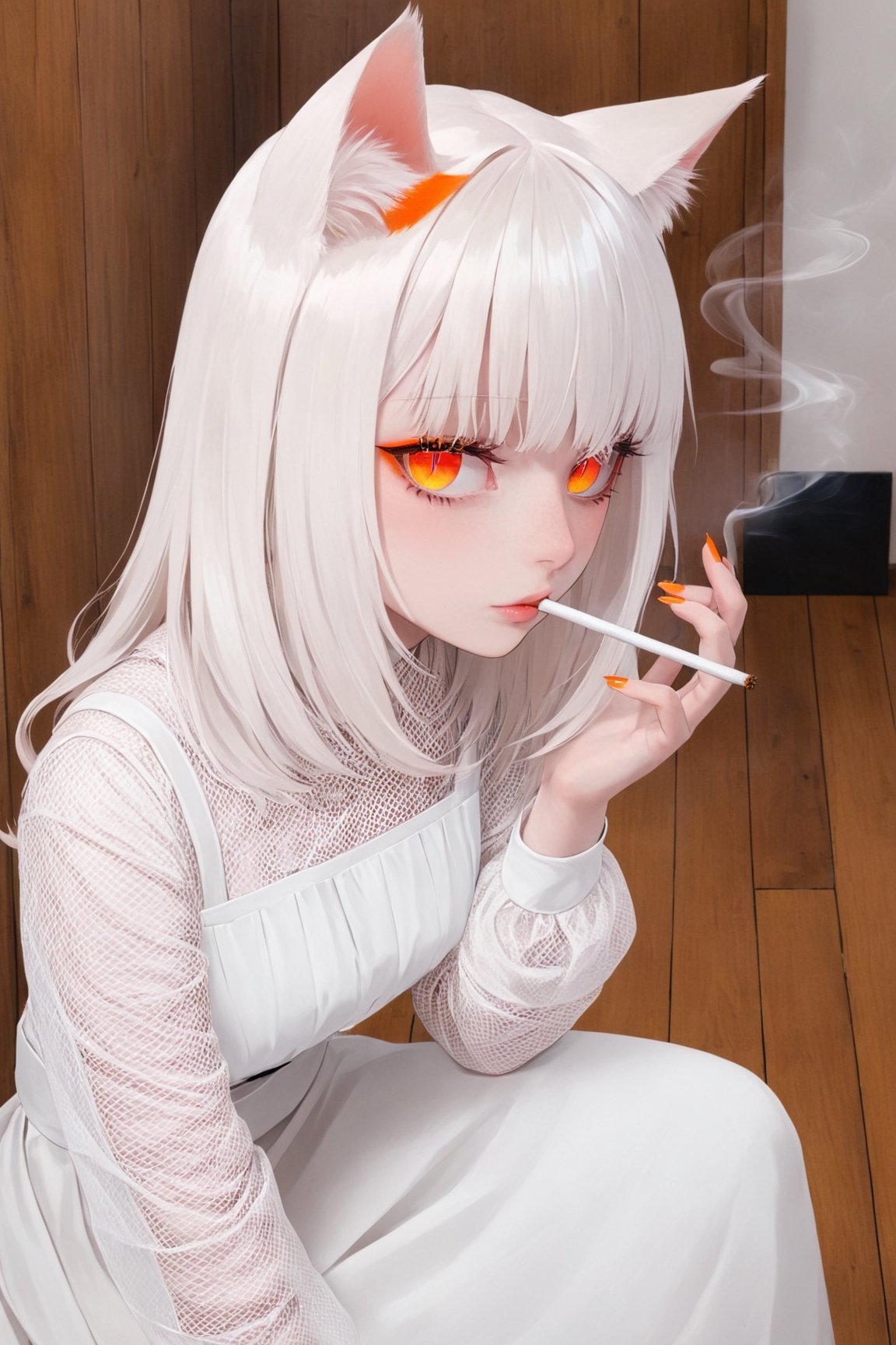 1 girl, albino cat girl,cat ear, with lethargic sleepy smokey eyes,white eyelashes,((orange slit pupil eyes)),mesh fishnet blouse,pure White long dress, ,pink-emo,catgirl,smoking a delicious cigarette, wooden floor,House Background,JPkitchen,