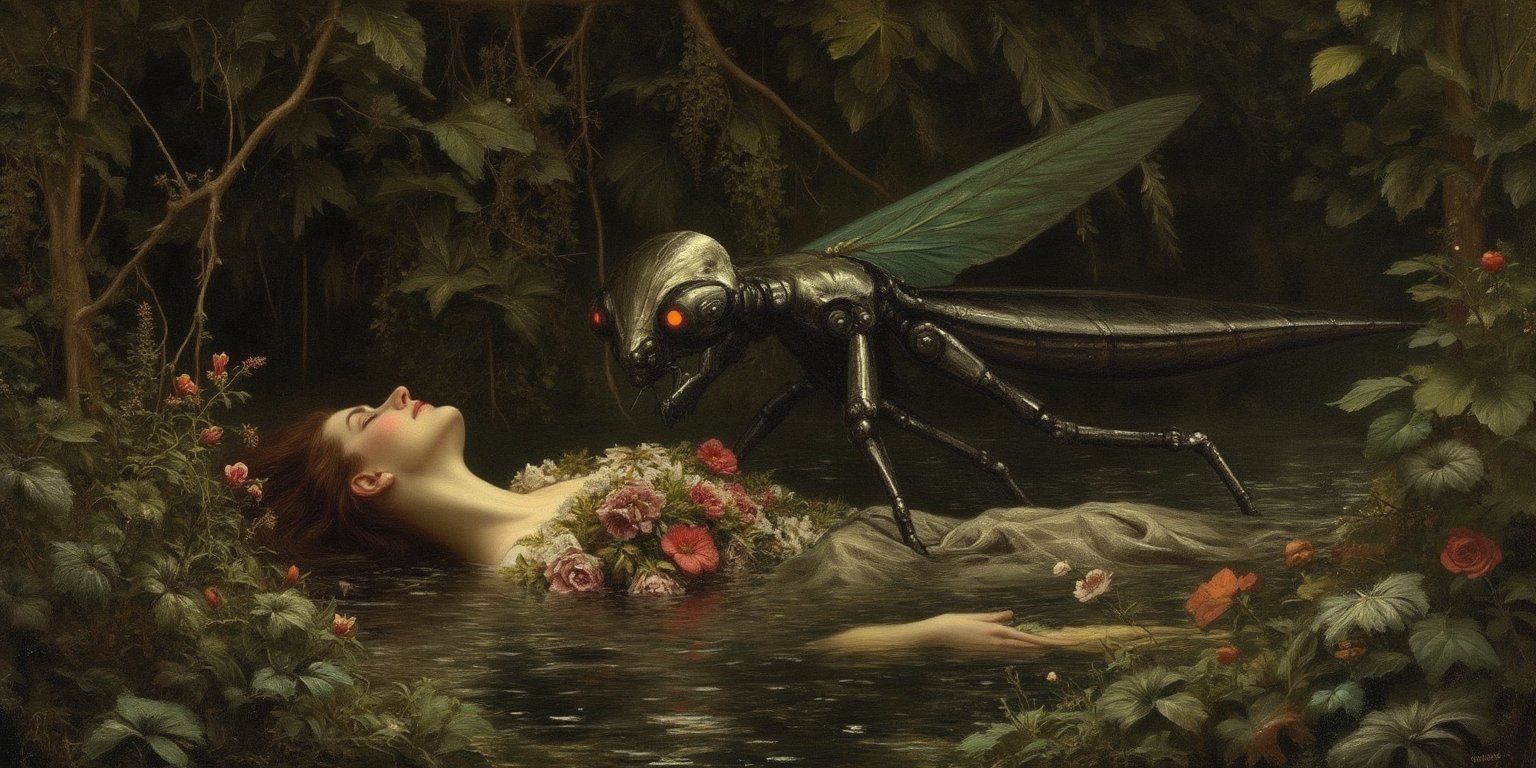 Pre-Raphaelite style painting based on Millais' Ophelia. Lush riverbank scene with drowning woman and eerie mantis-like ro...