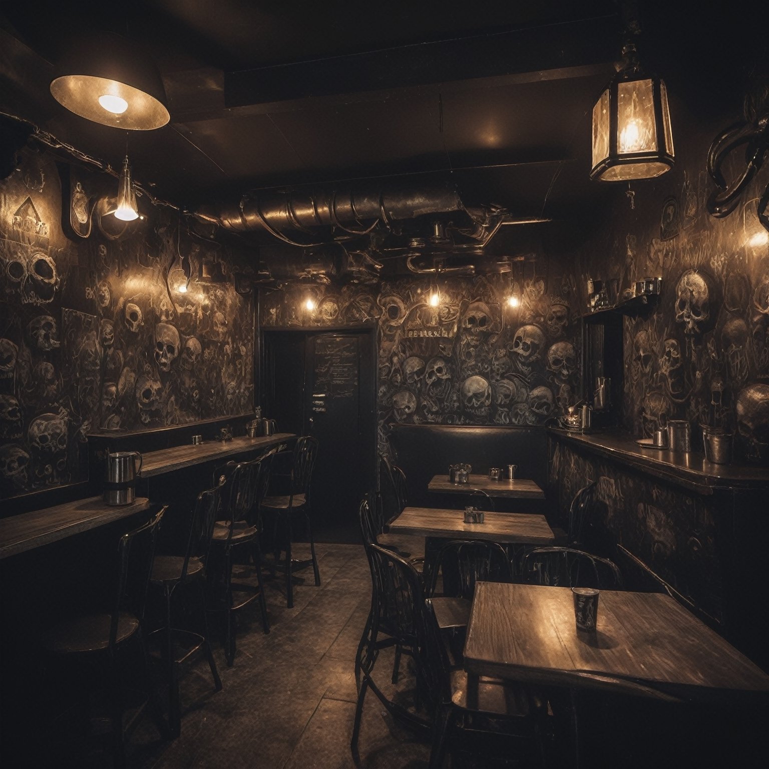 "Welcome to the Death Metal Café,  where the atmosphere is as heavy as the music. Decorated with dark,  industrial motifs...