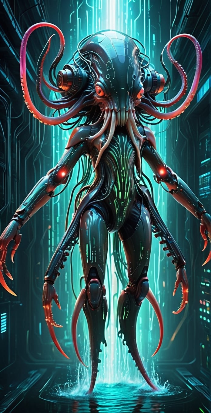 Cybernetic giant squid,  a towering cephalopod enhanced with cybernetic implants and futuristic technology,  massive body...