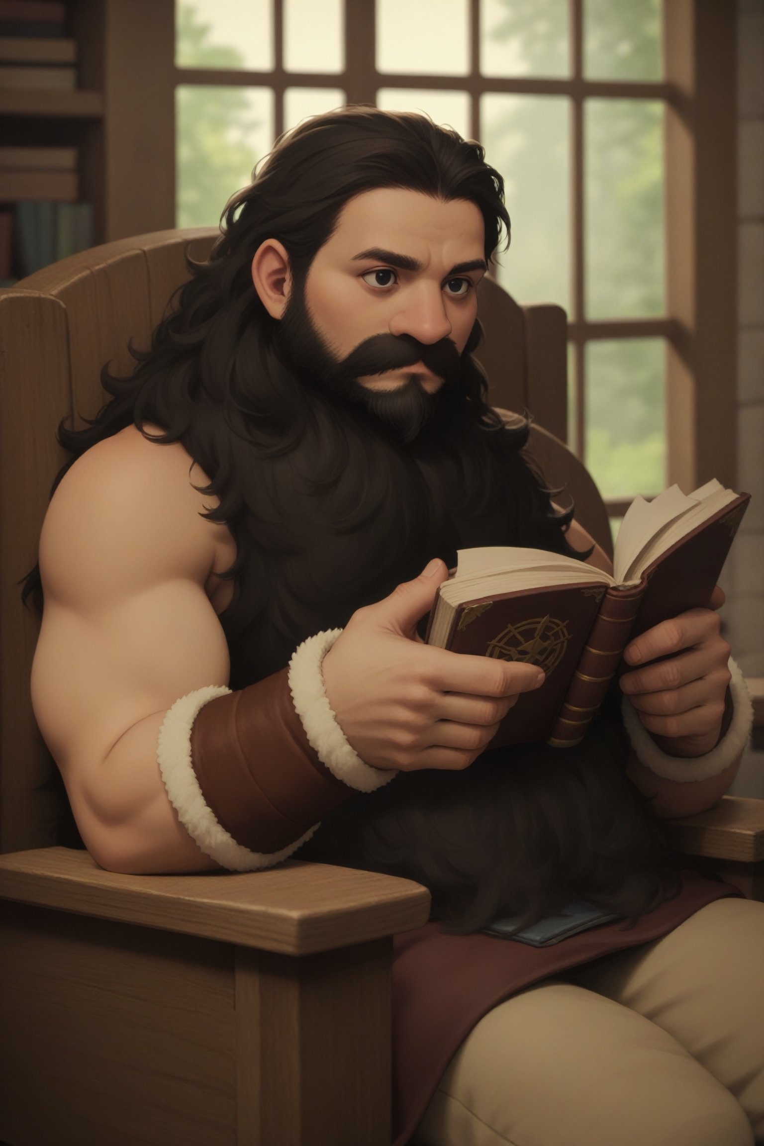 score_9, score_8_up, score_7_up,solo, senshi, handsome man,(gentle black eyes),Realistic,
bushy beard, bracer, Sitting on wooden chair,(kind face), reading book, long buckwheat hair,cip4rf,Mfxl