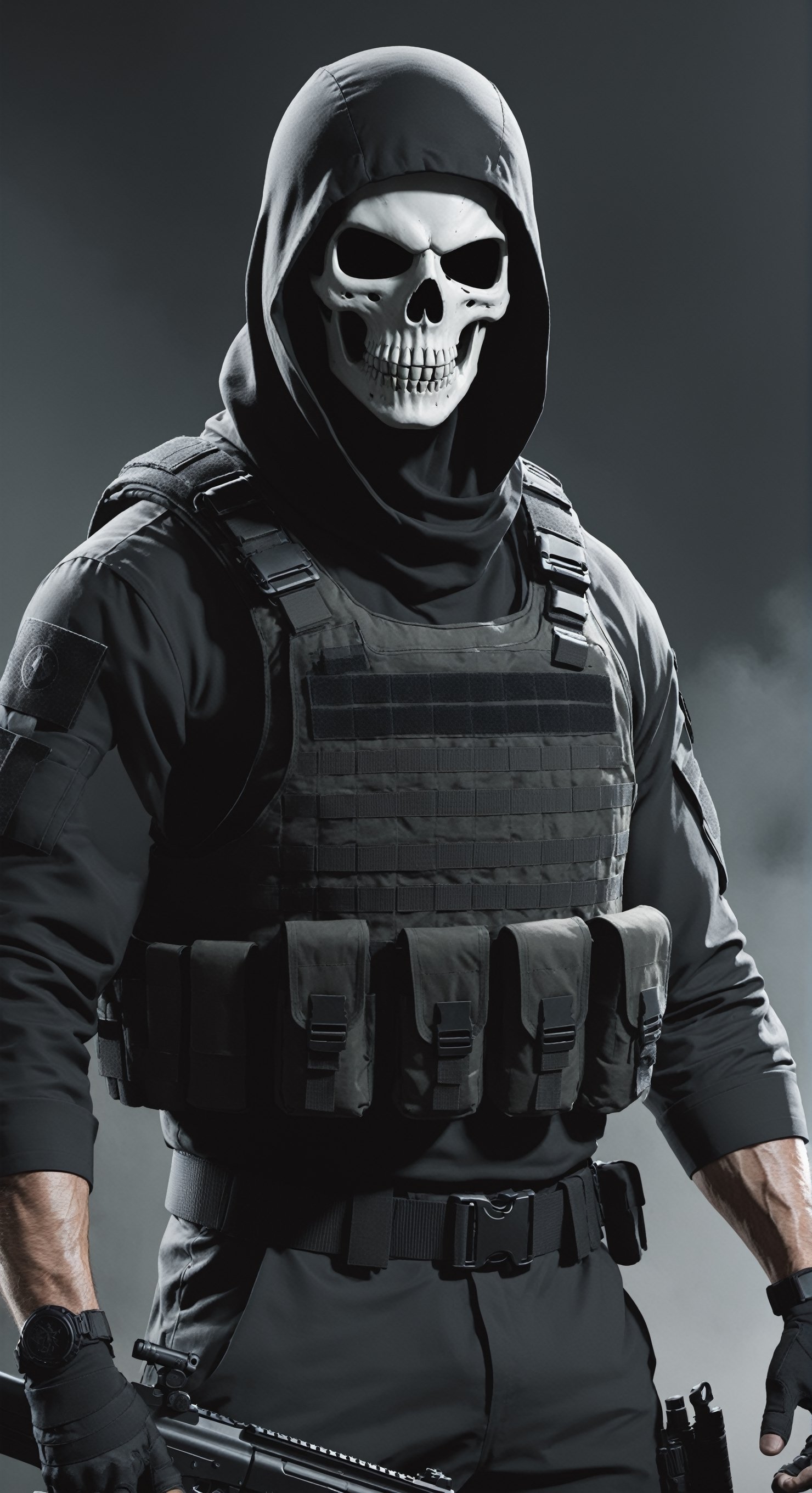 character 'Ghost' from Call of Duty: Modern Warfare,((dirty clothes)),
wears a black tactical balaclava with a distinct white skull pattern,Wearing hed night vision scope,
projecting a menacing and stealthy demeanor,His eyes exude a cold, emotionless gaze,The upper body is clad in a robust black tactical vest, featuring armored sleeves with numerous pouches and pockets strategically placed. He sports black tactical gloves with intricate details for precision in tactical maneuvers. The lower body is covered by sturdy tactical boots, conveying a grounded and ready-for-action appearance. Overall, Ghost's ensemble radiates a calm yet ruthless military aesthetic.
Additionally, provide contextual scenarios or settings that capture the essence of Ghost's character, such as covert operations or intense combat situations.", skull_graphics,photo r3al,Movie Still