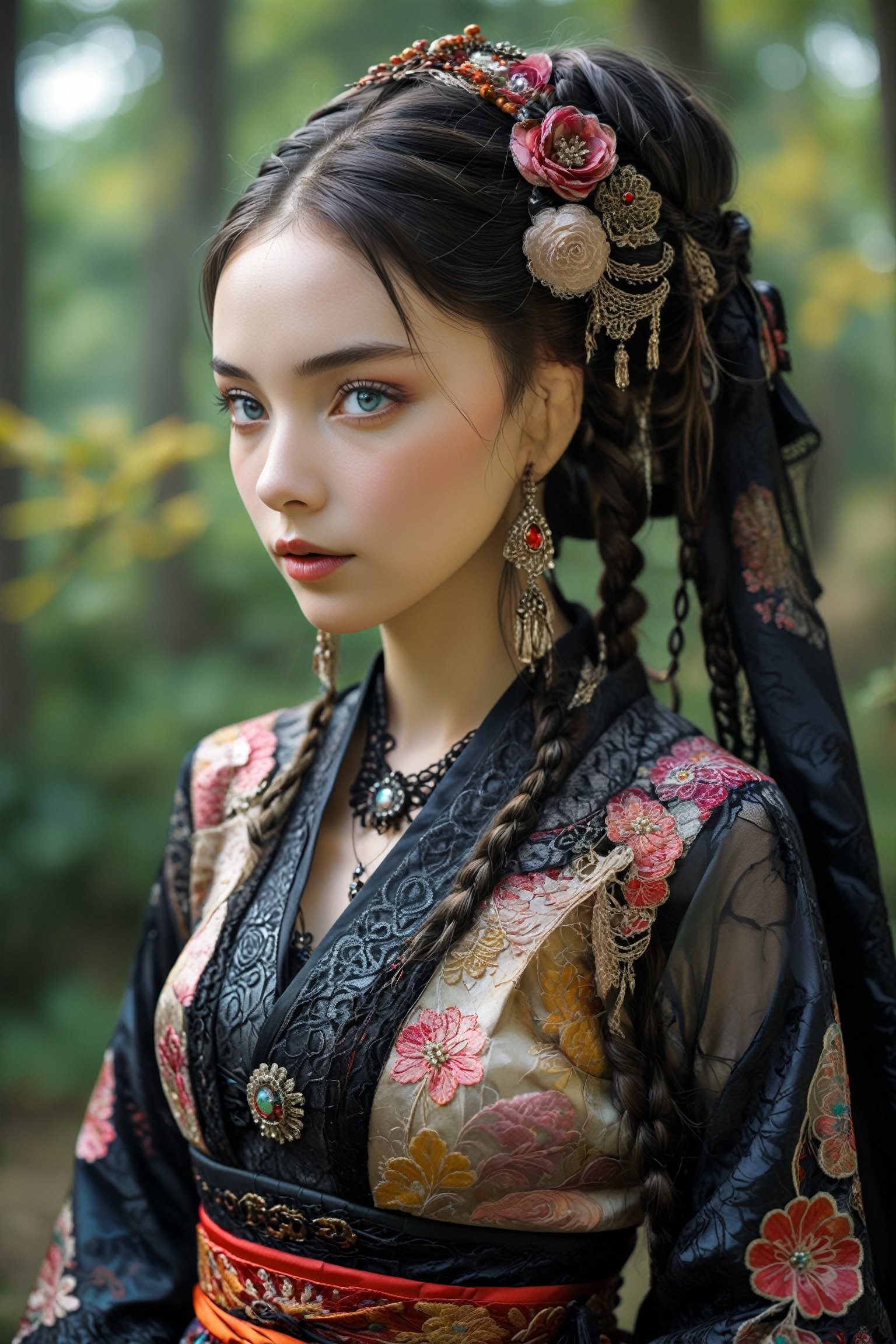  (beautiful French woman), beautiful Eyes,in a Central Asian wedding outfit, reimagined in Japanese Gothic style,Her colorful dress features intricate embroidery with Gothic lace and black accents, Kimono-style sleeves and an obi belt add a Japanese touch. She accessorizes with dark gemstone jewelry and a lace veil, her hair styled with braids and colorful ribbons, This fusion of Eastern European, Central Asian, and Japanese Gothic elements creates a unique and sophisticated look.,bustle dress,mad-marbled-paper,PIXAR,azlnfrmdbl