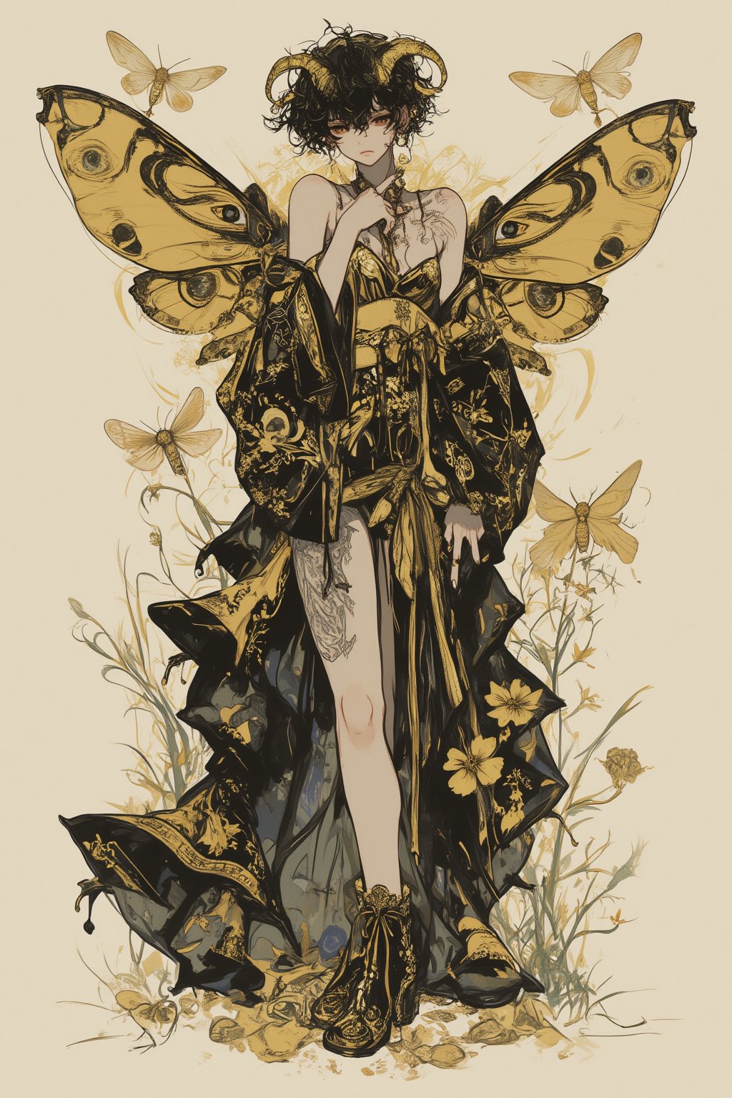 Decadent illustration, beautiful androgynous male, moth motif, 8k resolution, detailed anime style. Gold, black, and white color scheme. Elaborate layered kimono with moth wing patterns, flowing fabrics. Curly black hair with golden ram horns. Pale skin, sharp features, mysterious expression. Large moth wings attached to back, intricate eye-spot designs. Ornate golden accessories, tassels, and embroidery. Baroque-inspired clothing details. Slender figure in elegant pose. Moth antenna headdress. Black and gold boots. Vintage entomology-style moth illustration in background. Soft, diffused lighting. Textured paper effect. Art nouveau and Japanese aesthetics blend. Hyper-detailed fabric patterns and insect anatomy.,dal