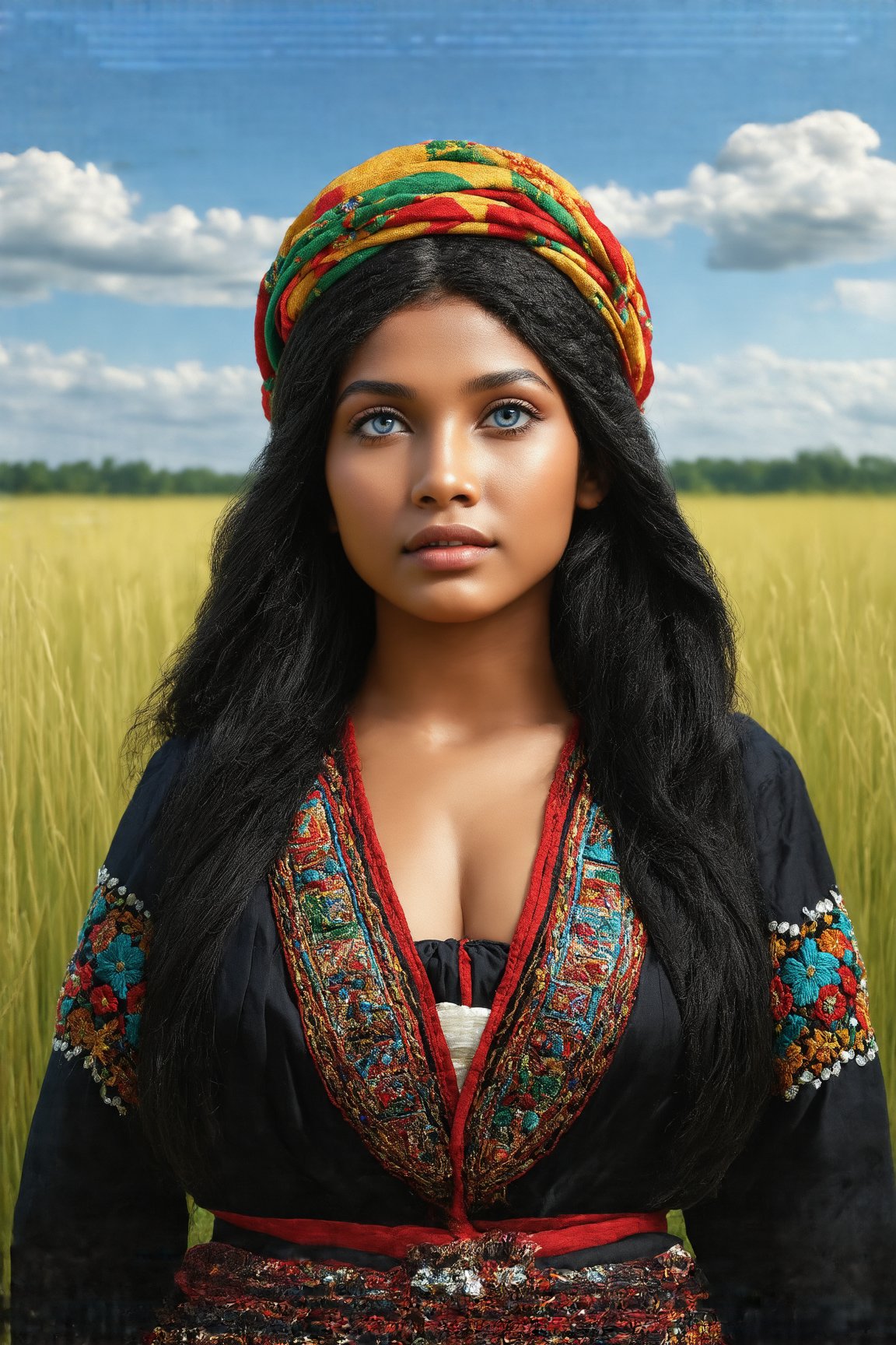 Super detailed, super realistic,beautiful african girl,Curvy body,
She wears old folk costume, long straight black hair,
colorful maria-veil on head,Yakuts folk costume of Siberian minority, beautiful crystal blue eyes, almond eyes, Slouching position, cleavage,intricate textile decorated with colorful and intricate geometric patterns,  decorative embroidery, clothes in earth colors such as black, red and green,beautiful reed meadow landscape,
,Portrait,Realistic women 