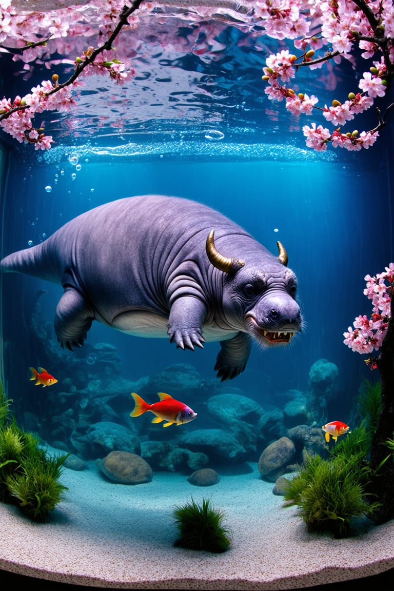 A large manatee floats gracefully in a spacious aquarium tank. Its grey skin is adorned with intricate Japanese-style tattoos. On its back, a fierce oni (Japanese demon) mask is inked in bold red and black, with golden accents highlighting its horns and teeth. Delicate pink cherry blosssom branches with drooping flowers stretch across the manatee's sides, creating a beautiful contrast to the oni. The tattoos appear to shimmer and move with the manatee's skin as it swims. Crystal-clear water surrounds the creature, with small bubbles rising. Soft blue lighting illuminates the tank, enhancing the tattoos' colors. Other fish dart around the manatee, some pausing to investigate the unusual sight. Aquarium 