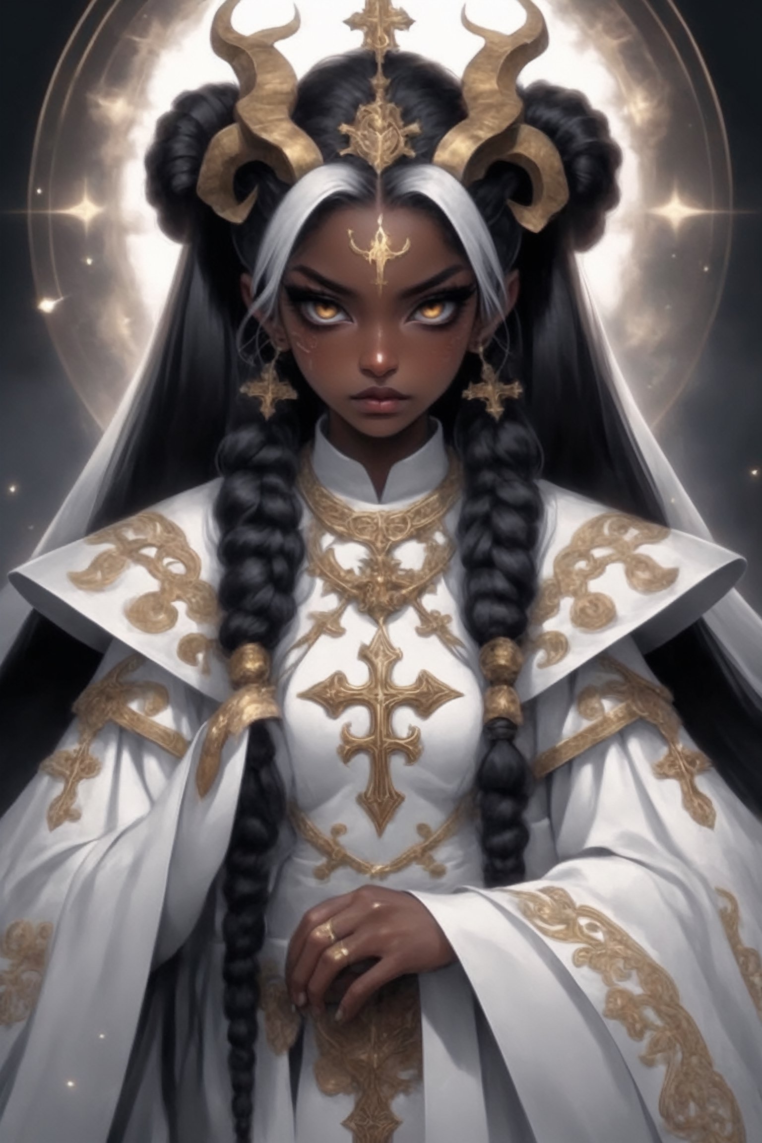 1 girl,supernatural being,(masterful),melanism demon girl,slit pupil eyes,Intricate Iris Details,,ebony skin,pure white pigtails, wearing solemn white and gold ceremonial robes, (majestic bishop's mitre),Envision the pontiff's attire enriched by intricate golden embroidery, sacred symbols,Utra,ellafreya,GothEmoGirl,glitt3r