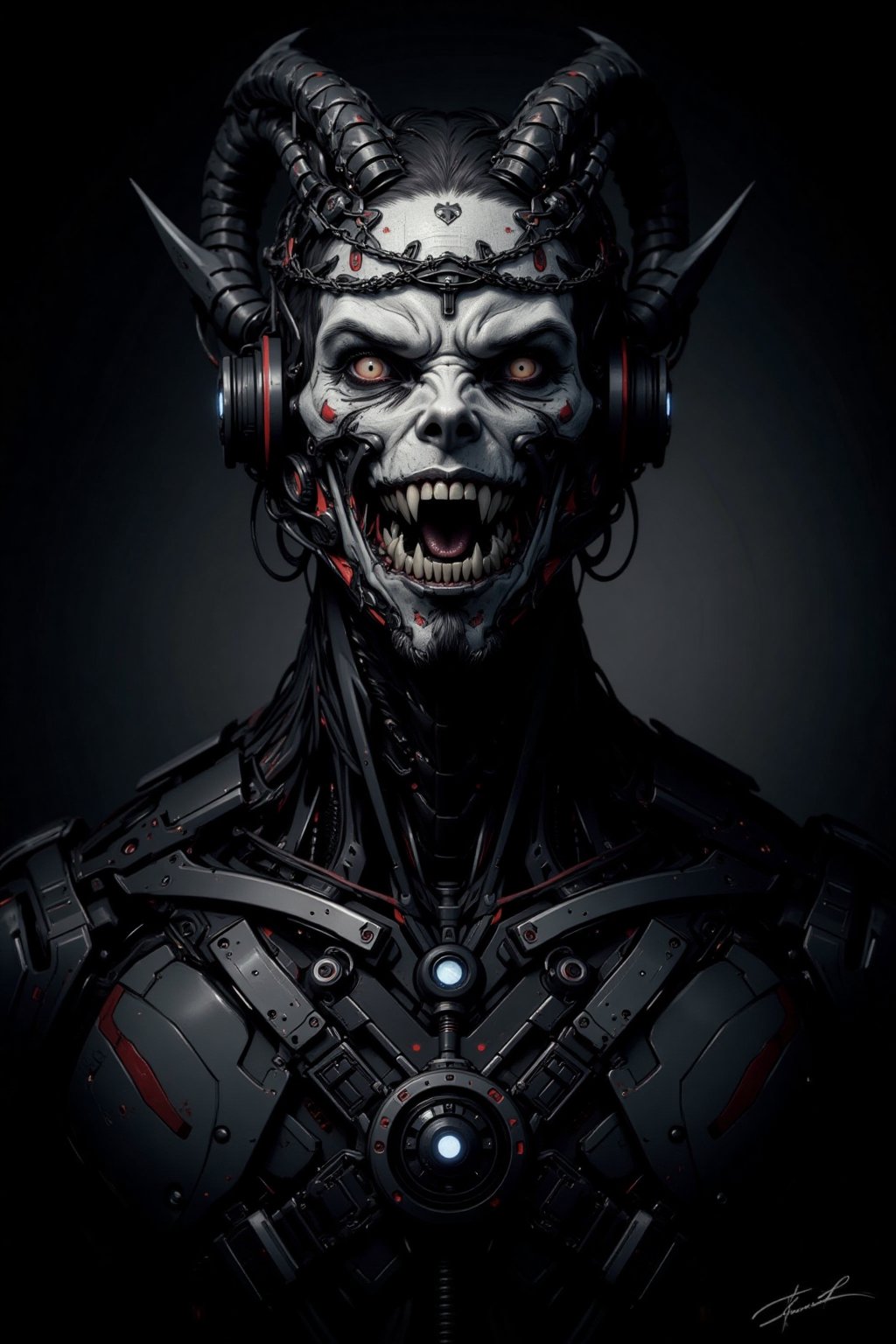 Bust-up portrait of Caucasian male cyborg vampire. Predominantly black cybernetic body with visible mechanical parts, wires, and glowing tech elements. Pale, ashen face with vampiric features. Completely white eyes, no iris or pupils. Demonic goat-like horns protruding from forehead, curving backwards. Crown of barbed wire wrapped tightly around head, digging into skin. Long, sharp fangs visible. Neck area shows transition between synthetic skin and mechanical components. Harsh, dramatic lighting emphasizing contrast between pale face and dark body. Sinister, otherworldly expression. Hyperdetailed textures: cold metal, synthetic skin, rough horn surface. Background dark and atmospheric, suggesting gothic or sci-fi setting. Blend of vampire lore, cyberpunk aesthetics, and demonic imagery..,LinzExoboneRobot,