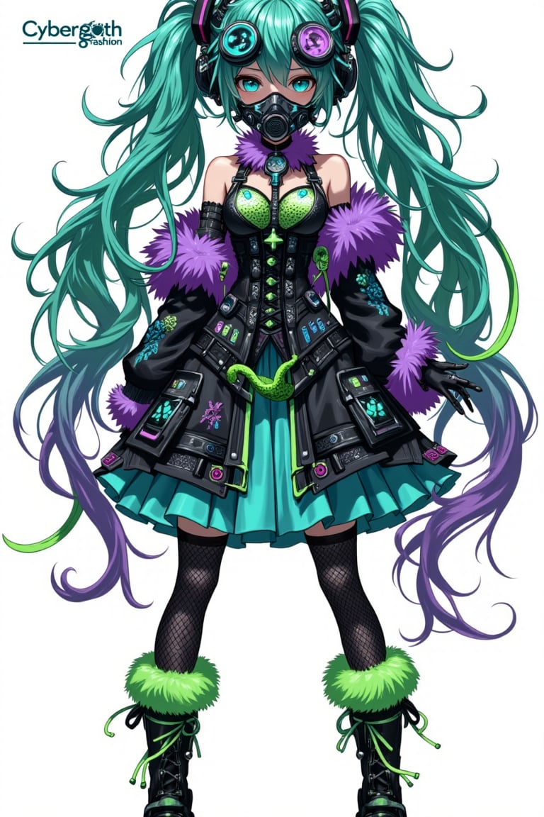Hatsune Miku as a cybergoth,  ,  full body portrait. Teal and neon green custom ordered dreadlocks with hints of purple by...