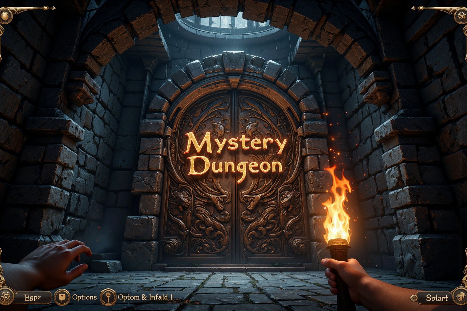 First-person POV of a fantasy game title screen. Player's hands visible, holding a burning torch in right hand, casting flickering orange light. Left hand empty, partially visible at screen edge. Stone dungeon corridor ahead, arched ceiling. Cobwebs in corners. At the end of the corridor, an enormous, ancient stone door looms ominously. Intricate carvings cover its surface, depicting mythical creatures and arcane symbols. The door radiates a faint, mysterious glow. Floating in the air before the door, large ornate text reads "Mystery Dungeon" in English, styled to look like it's chiseled from stone with a golden, glowing outline. UI elements: start button, options menu, and other game menu items along screen edges, designed to blend with the fantasy aesthetic. Torch light creates dynamic shadows on the stone walls and door. Hyper-realistic graphics with detailed textures on the walls, floor, and massiv