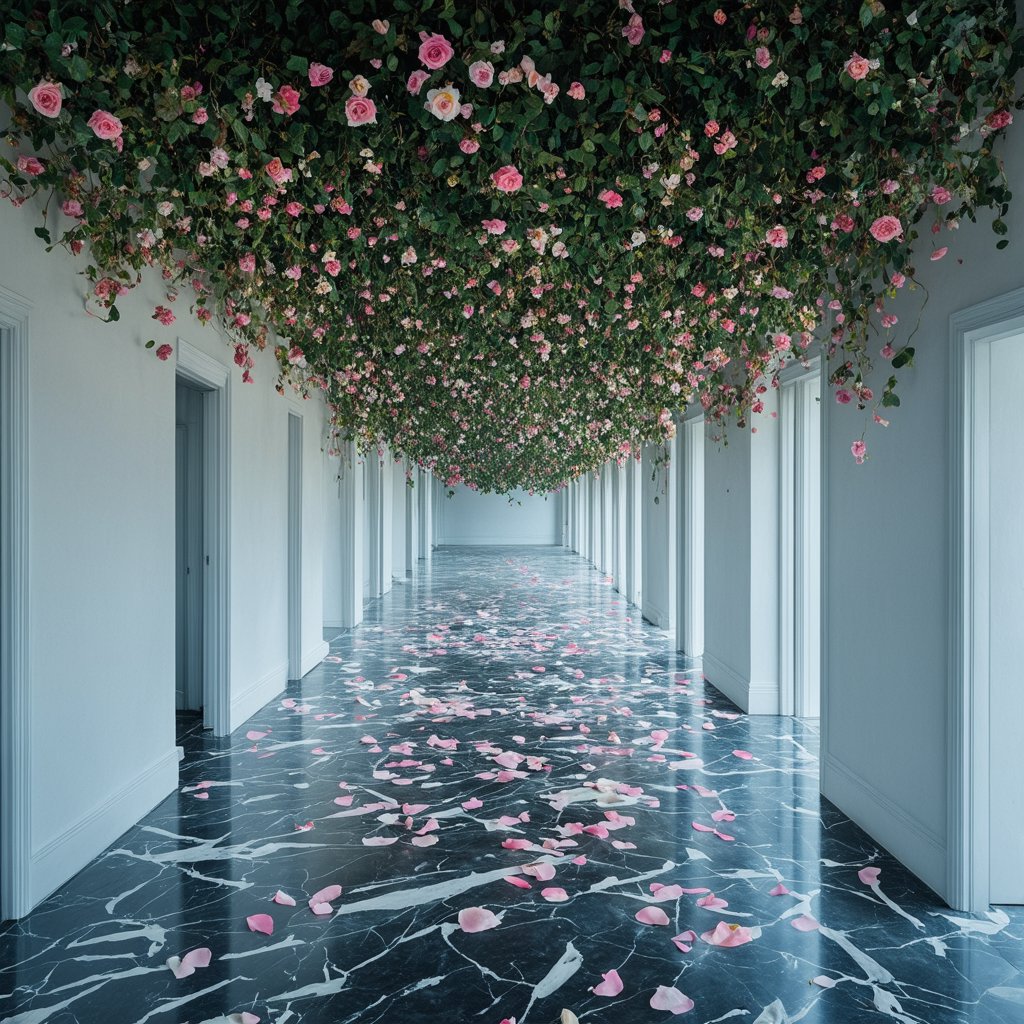 "Ethereal liminal space adorned with abundant flowers. Endless white corridor with soft,  diffused lighting. Walls and cei...