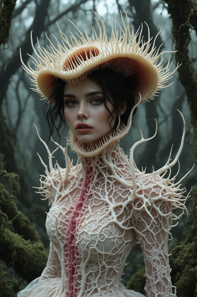 Ethereal portrait of a dark-haired woman wearing a biomechanical haute couture dress inspired by a Venus flytrap. Dress features intricate ivory and pink organic structures with sharp thorny spines along edges. Dramatic high-neck collar shaped like carnivorous plant mouth with detailed venation patterns and serrated edges, framing face in deep rose pink interior. Victorian-style bodice with bony root-like textures, intricate lace patterns resembling fungal growth and plant tendrils. Multiple curved stems with threatening spikes emerge from shoulders. Dark atmospheric forest background with selective focus. Makeup style: pale porcelain skin, dark lips, dramatic eye makeup. Photography style: moody editorial fashion, dark fantasy aesthetic, professional studio lighting emphasizing texture and shadow detail. Color palette: pale ivory, dusty pink, deep forest green. 8k resolution, high-end fashion photograph