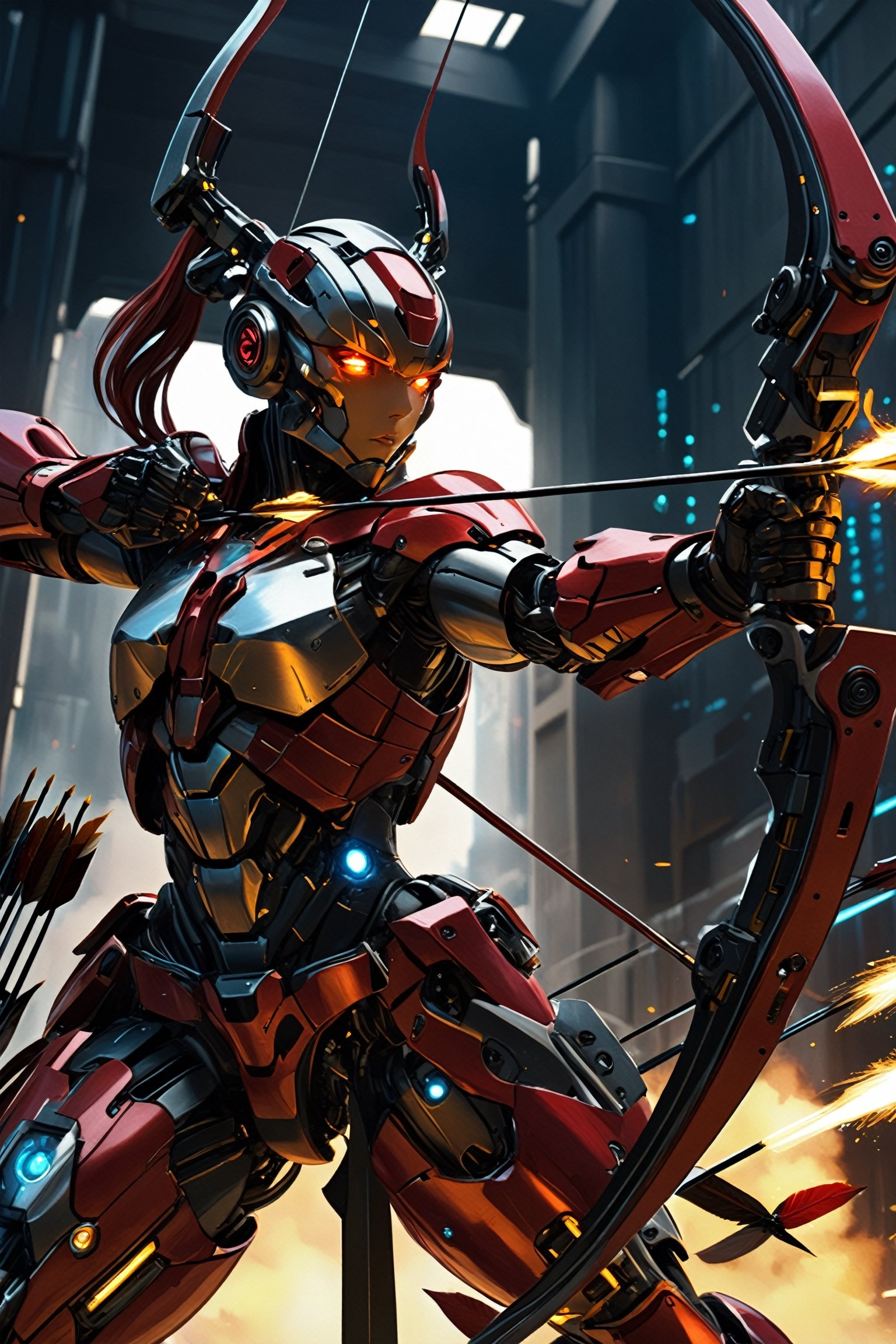 Anime style,
The cyborg warrior, fully mechanized from head to toe, stands poised with a bow in hand, drawing a huge bow,Every inch of their body gleams with metallic plating, while cybernetic enhancements enhance their strength and precision. Their eyes, glowing with a fierce determination, lock onto the target ahead as they prepare to unleash a deadly barrage of arrows. With unmatched accuracy and power, they embody the fusion of man and machine on the battlefield.,Magic_Archer,cyborg,Red mecha