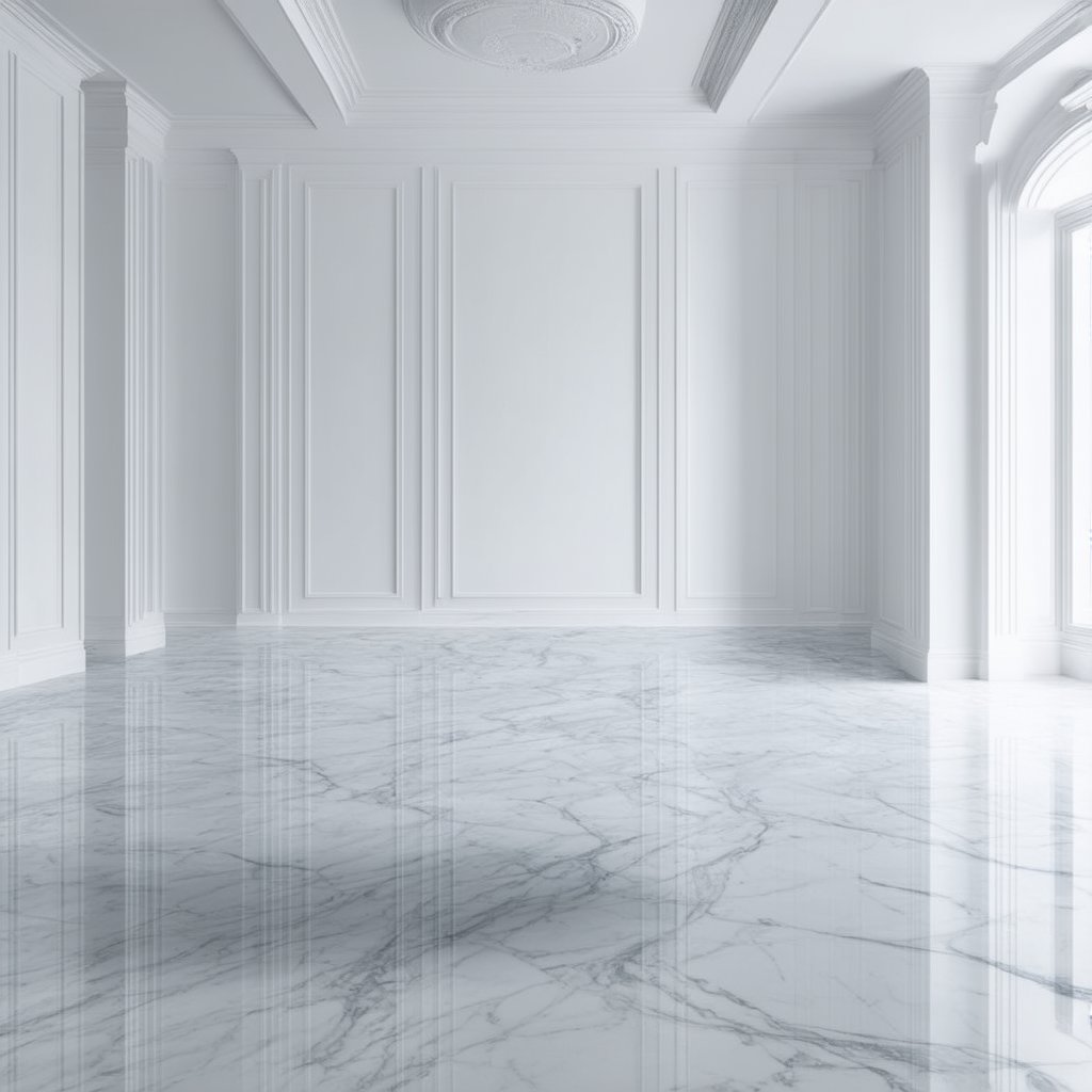 Ethereal liminal space: pristine white marble room. Seamless walls,  floor,  and ceiling of polished Carrara marble with s...