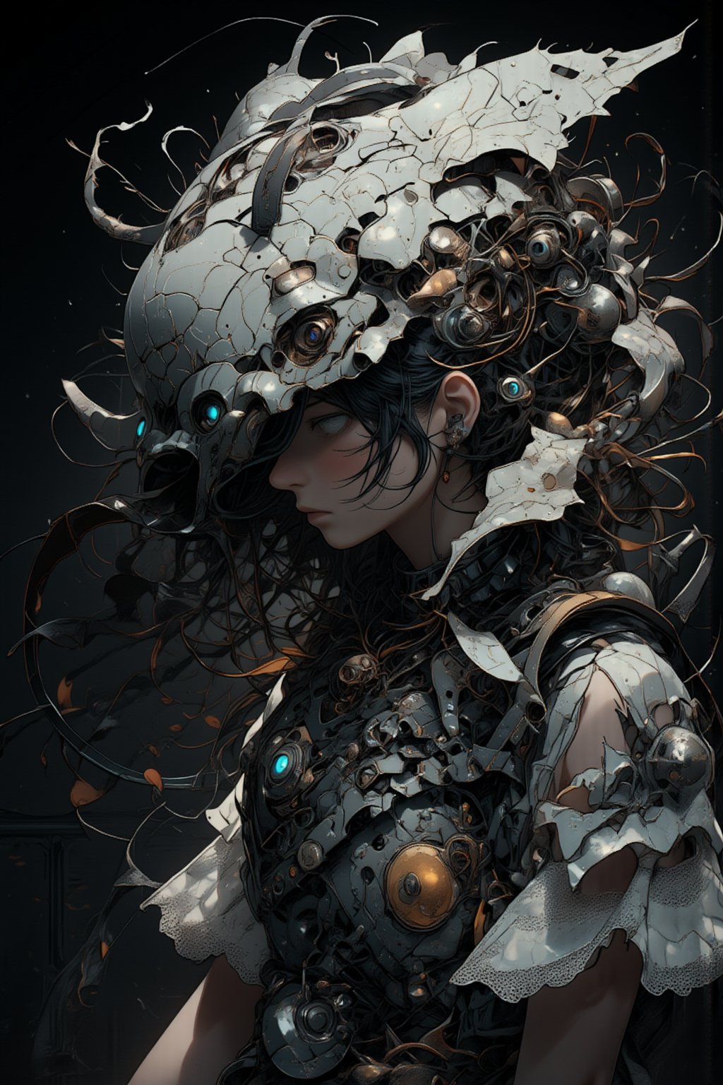 Bizarre manic mechanical machine,Necro-Tech machine, amalgamation of insect parts and human bones,Beautiful gothic Lolita girl's face attached to the machine,Intricate details of gears joints and exoskeleton, structures mixed with metallic beetle shells. Delicate lace and frills contrasting with harsh mechanical elements. Dark, eerie atmosphere. High contrast lighting. Photorealistic rendering with surreal elements. Steampunk and biomechanical aesthetics.,futurediff, cyborg