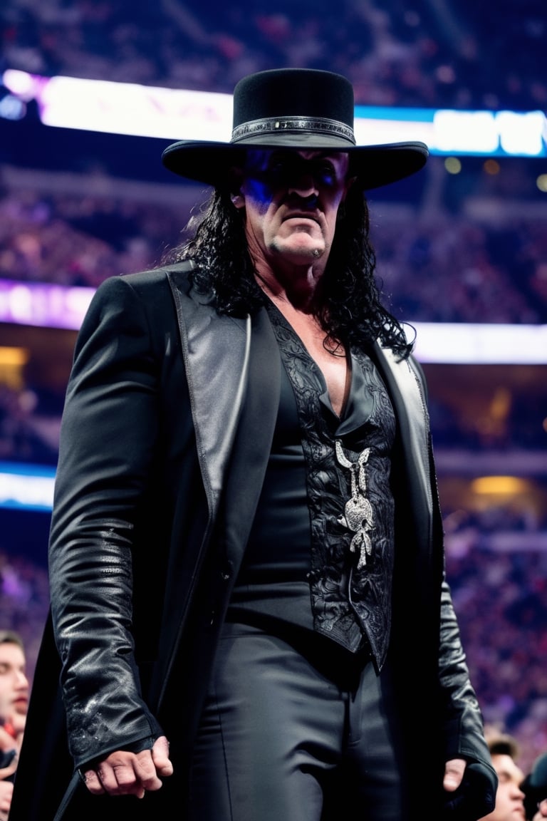 "Generate an image using StyleGAN of The Undertaker,  ready to make an entrance at WrestleMania held in Madison Square Gar...
