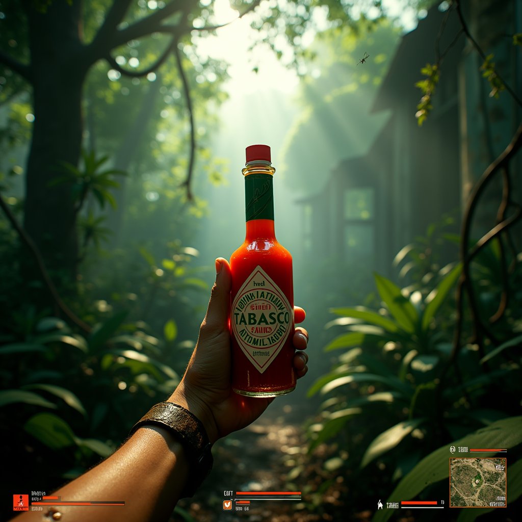 POV first-person survival game screenshot. Dense, lush jungle environment.

Central focus: Player's hand holding a pristine Tabasco sauce bottle, glinting in dappled sunlight.

Environment: Thick vegetation, large leaves, vines hanging. Rays of sunlight penetrating canopy. Misty atmosphere.

UI elements:
- Bottom left: Health bar, stamina meter, hydration gauge
- Bottom right: Mini-map showing dense forest
- Top right: Inventory slots with survival items (machete, canteen, compass)
- Top left: Mission objectives, temperature/humidity indicator

Visible arms wearing torn, muddy sleeves.

Lighting: Green-tinted, filtered sunlight creating a dappled effect.

Style: Hyper-realistic 3D game graphics with high detail on foliage and Tabasco bottle.

Additional details:
- Sweat droplets on screen edges
- Mosquitos or small insects visible in air
- Partial view of a rusted, overgrown structure in background, hinting at lost civilization
- Subtle lens flare from sunlight hitting Tabasco bottle