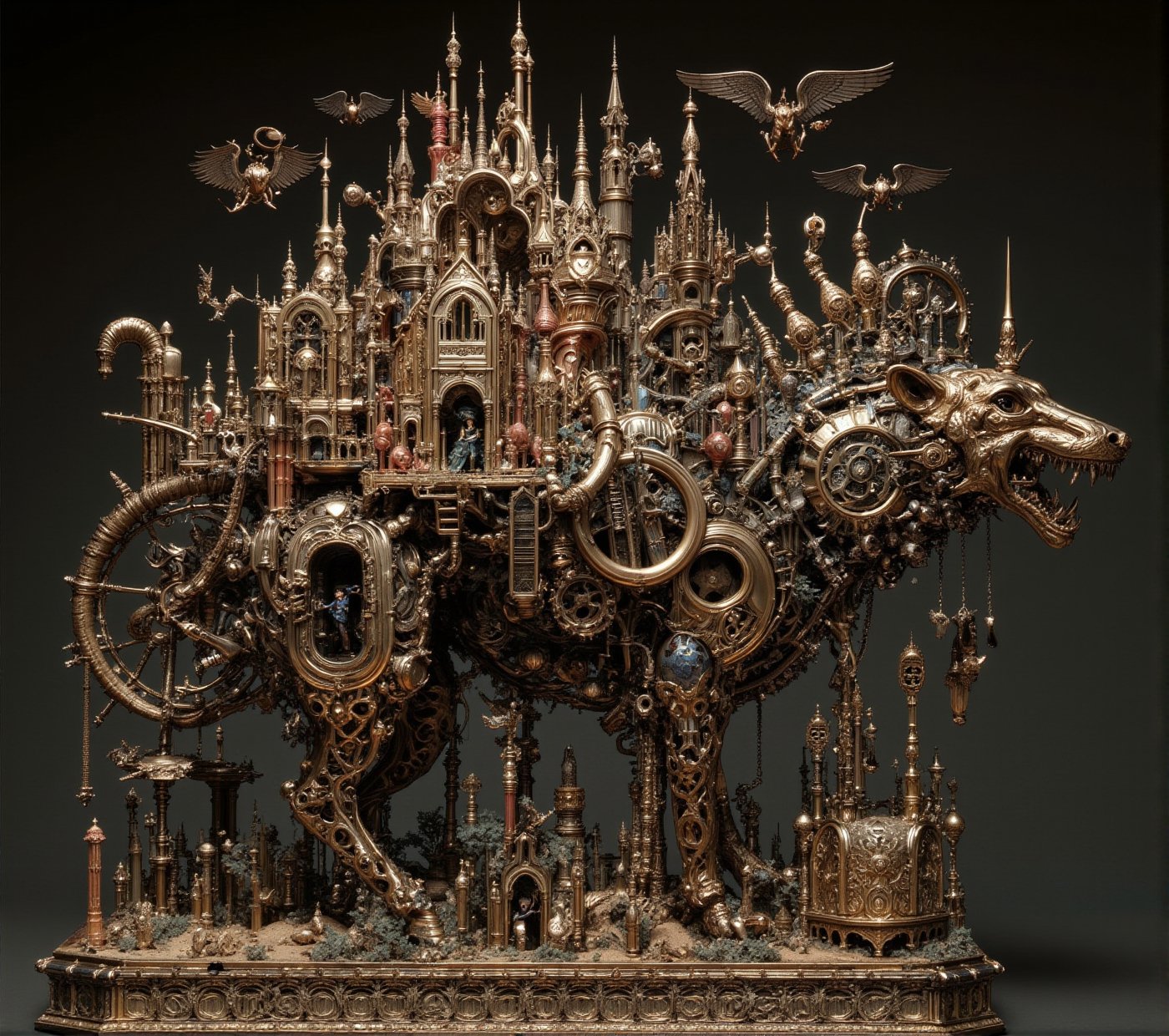 intricate gothic sculpture in kris kuksi style,  massive mechanical hyena body,  dark bronze and aged copper finish by mae...
