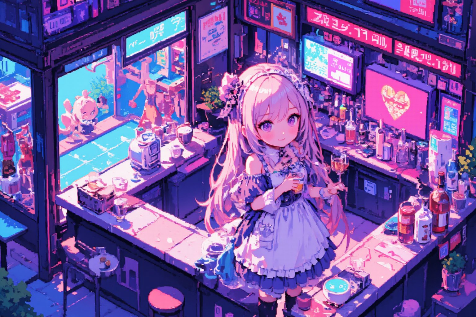 pixel art diorama,1girl,solo,chibi girl,pastel frilly apron, glamorous dress with frills and bows, girl is smiling and welcoming,
cyberpunk bar setting, isometric view, limited color palette, 16-bit era aesthetic, futuristic bar interior, bar table, glasses and alcohol, holographic monitor, neon lighting, old vs new elements, retro-futuristic atmosphere, detailed pixel shading, miniature scene atmosphere, soft vignette edges, cyberpunk color scheme with pastel accents, intricate pixel pattern on dress, glowing technology effect, pixelated lens flare, low-res charm, nostalgic game style, small animation details,lyh,anime,Pixel Art,ZanyEyesStyle