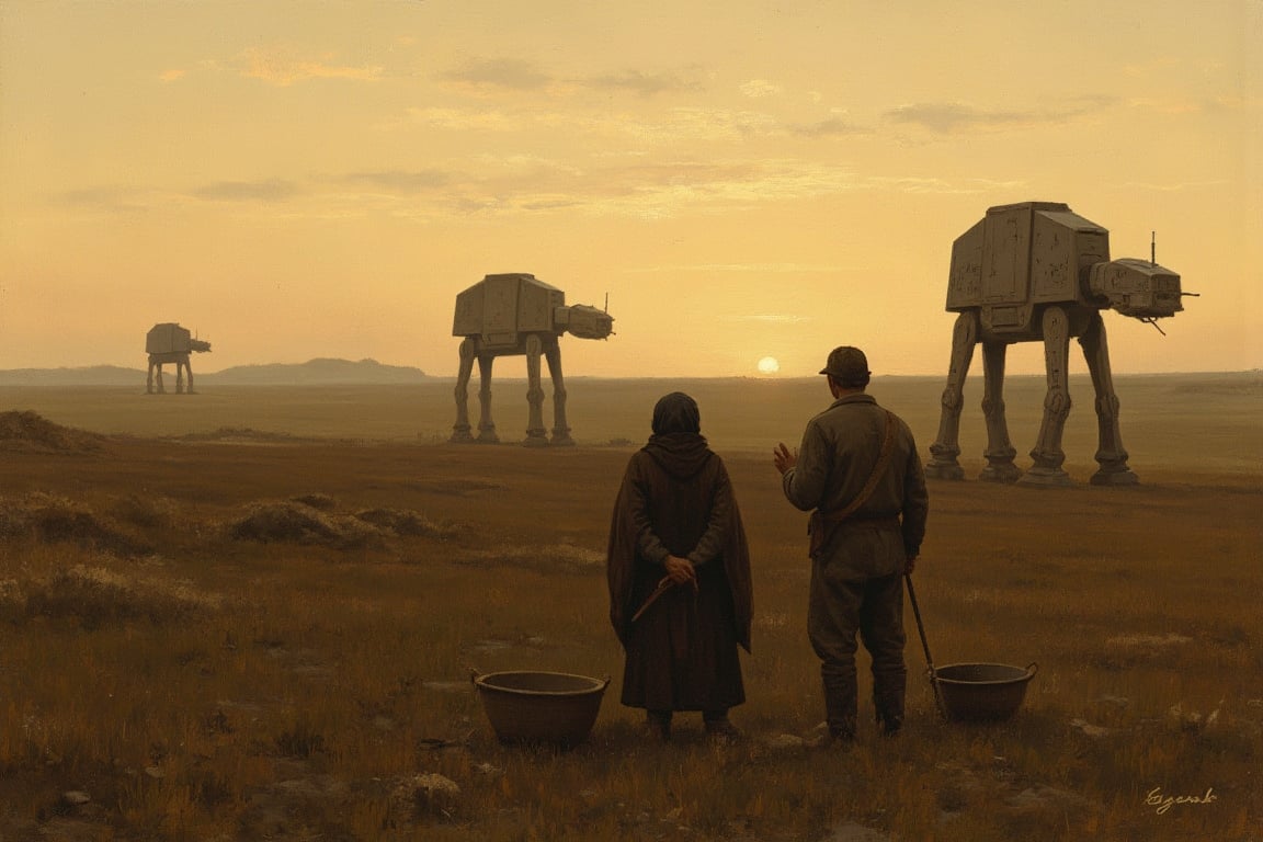 An oil painting in the style of Jean-François Millet's "L'Angelus." ,In the foreground, two peasants, a man and a woman, pray in a field at dusk. A muted, warm, golden sky. Rustic clothing, tools at their feet. Barren fields stretch to the horizon,

In the distance, three Star Wars AT-AT walkers stand, The mechanical shapes of the walkers contrast sharply with the pastoral landscape, but are painted in the same muted, earthy tones that are in keeping with Millet's style. The AT-ATs cast long shadows over the fields, enhancing the gloomy atmosphere of the painting,

Millet's brushwork and lighting are maintained. The soft, diffused light of the sunset, the rich texture of the clothing and the fields. The AT-ATs are painted with the same painting technique, and their hard edges are softened to fit the atmosphere of the original work,

Overall effect: A surreal mix of 19th century French realism and science fiction creates unsettling yet visually cohesive images. Peaceful rural landscapes are saturated with an atmosphere of impending doom from the oncoming war machine.,Medievalx