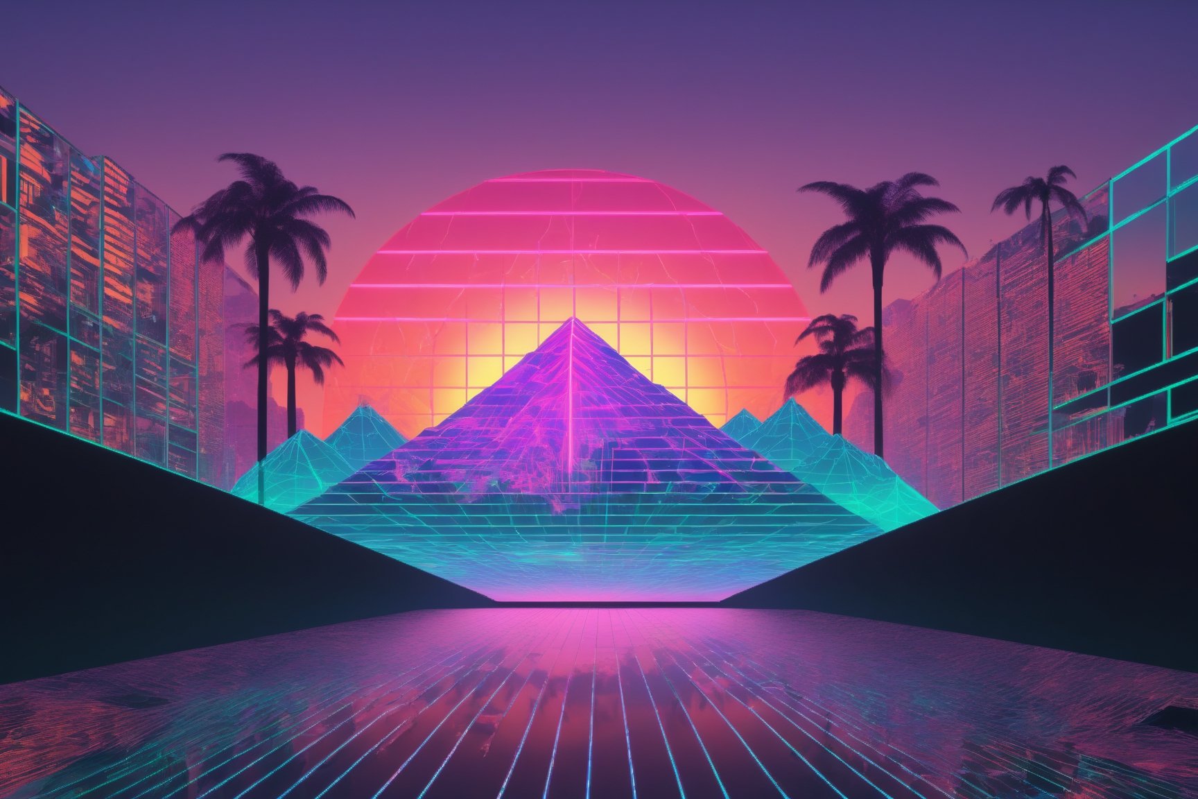 (Vaporwave),
1980's wireframe Retro CG style,Logic hologram wireframe World,
(wireframe hologram Mountain),(hologram wire framered Rising sun),hologram Palm tree,wireframe  city beyond the horizon,
,3D Mesh,3D mesh digital Matrix,Clear Glass Skin,GLASS,Matrix code,Amidst the dynamic world of 3D design,retropunk style,wave art style