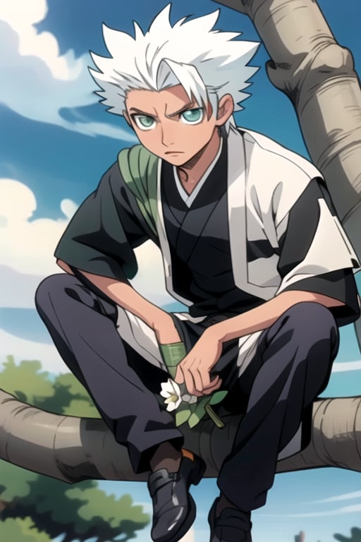 hitsugaya_toushirou, holding a flower. sitting on a tree branch