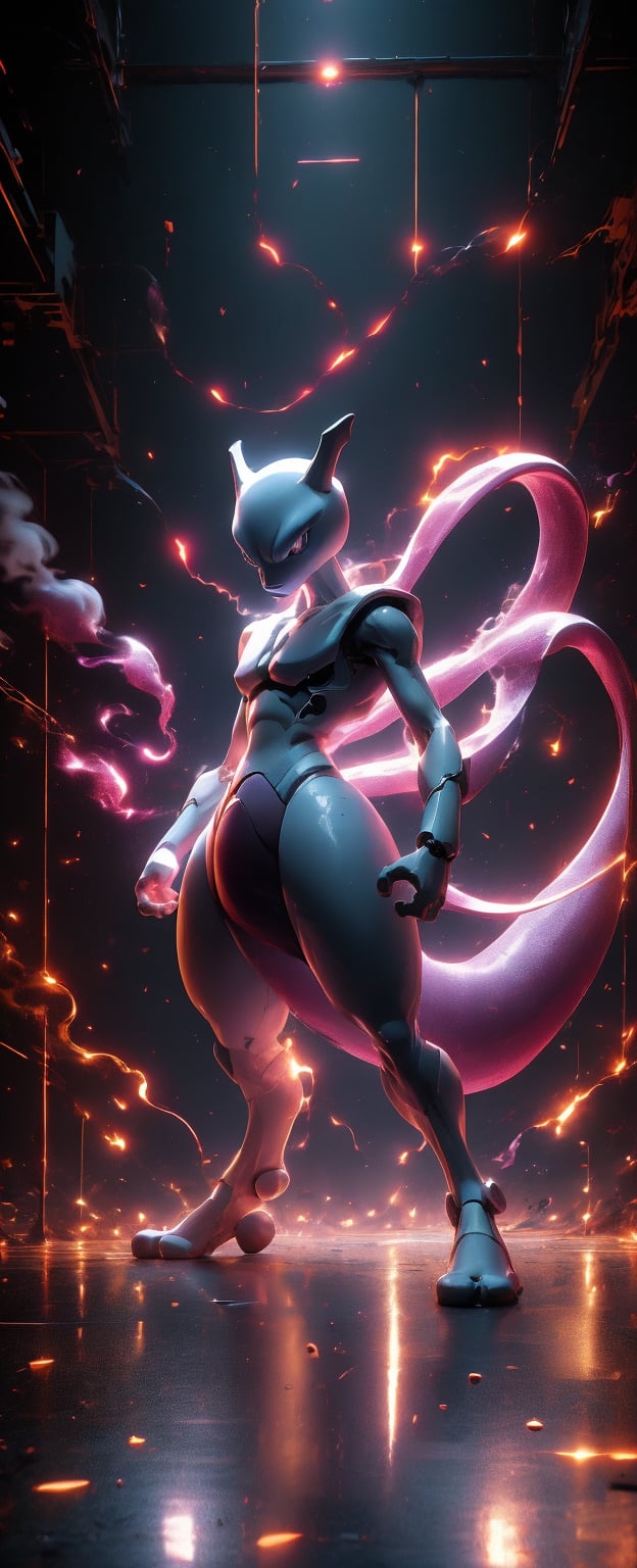 (best quality, masterpiece, ultra-detailed, 32k:1.2), Lenkaizm style, fierce pokemon Mewtwo in a glass chamber, dynamic pose, 4k, Cybernetics, laboratorium background, unreal, reflection, masterpiece, 32k UHD resolution, high quality, professional photography, depth of filed, sci-fi, cinematic angle, cinematic lights, full body, wide shot, volumetric smokes in the background