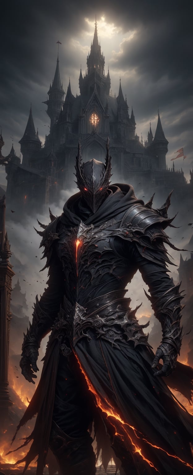 (RAW photo, HDR:1.2), (super detailed:1.4), (high quality, 8k), Lenkaizm, Envision a bloodborne warrior,  detailed face, red eyes, standing in front of castle gate, surrealism, gigantic, ethereal, fantasy realm, mysty environment, high contrast, volumetric lighting casting a sharp shadow to add more mysterious atmosphere, masterpiece, foggy background, cloud_scape, front light, complex terrain, detailed background, intricate texture and details, close up
