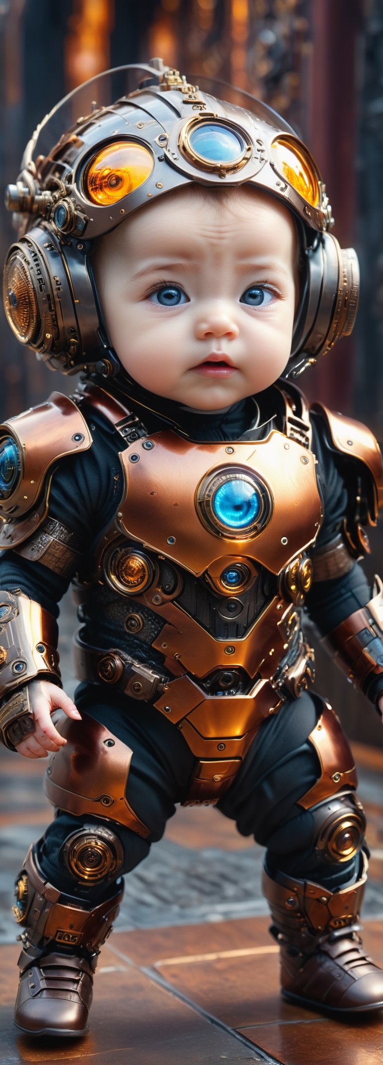 best quality, high resolution, 8k, realistic, sharp focus, (hyperdetailed:1.4), high contrast, (hdr:1.6), Lenkaizm, full body shot, photorealistic image of baby,  very realistic eyes, wears biomechanics armor, dynamic pose, reflection, bokeh, Temple background, blurry_light_background, Movie Still, photo r3al,Extremely Realistic,ministop,DonMCyb3rN3cr0XL , konbini,steampunk style,  all body in frame